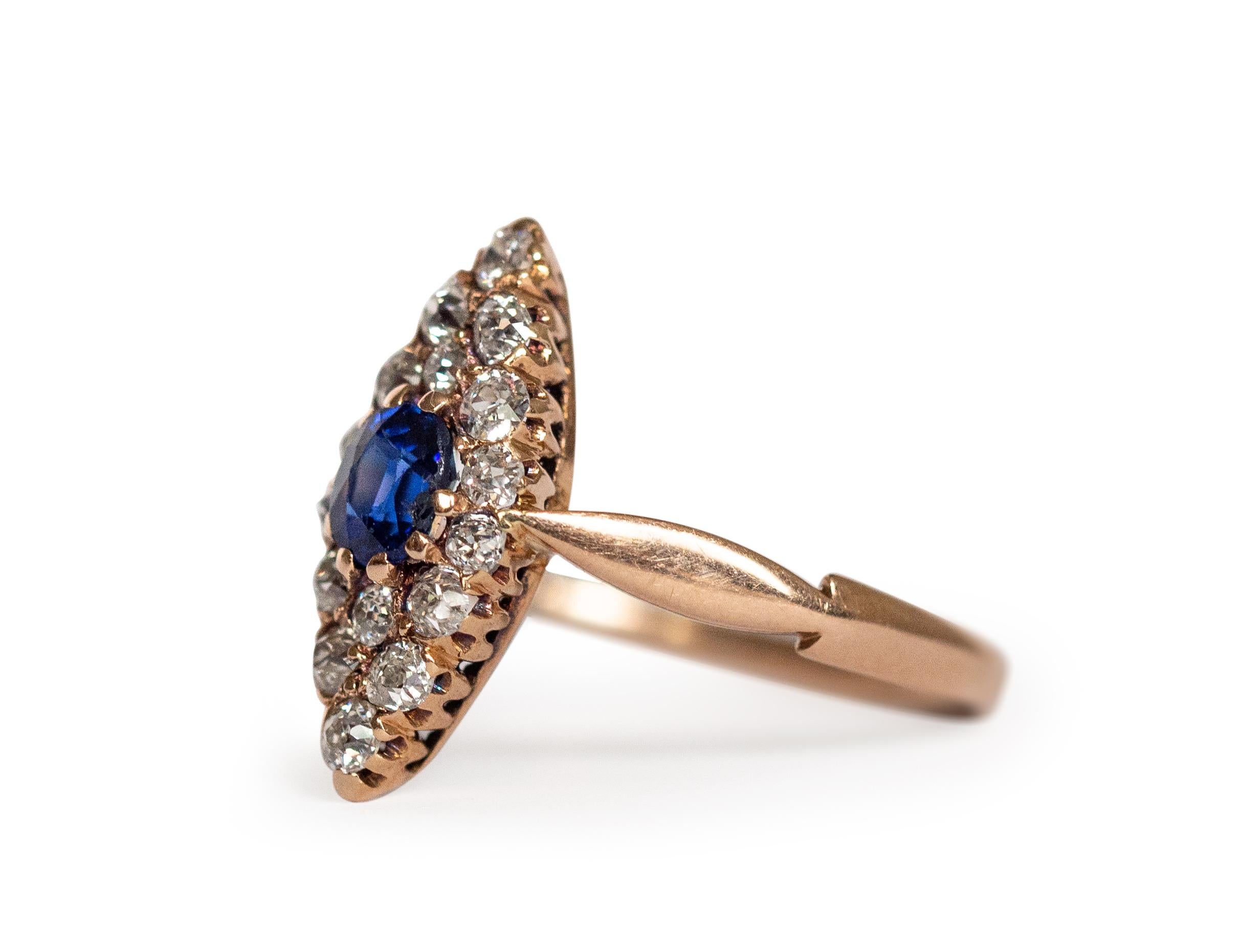 Ring Size: 5.5
Metal Type: 14k Yellow Gold  [Hallmarked, and Tested]
Weight:  2.2 grams

Center Sapphire Details:
Weight: .30 carat
Cut: Old Mine Cushion
Color: Blue, Natural &  unheated

Side Diamond Details:
Weight: .35 carat, total weight
Cut: