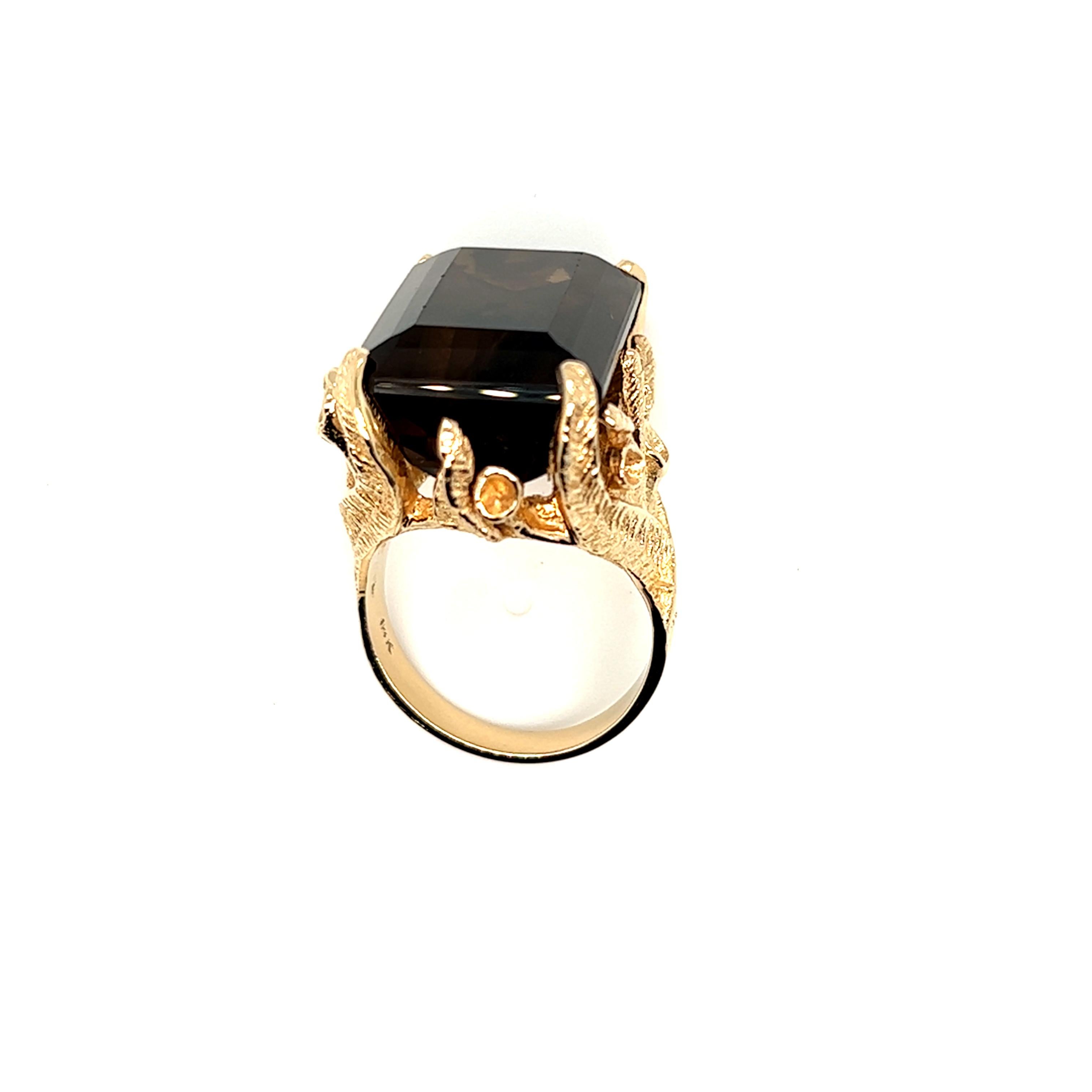 30 carat Smokey Quartz Foliate Motif Ring 14k Yellow Gold For Sale 3