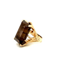 30 carat Smokey Quartz Foliate Motif Ring 14k Yellow Gold