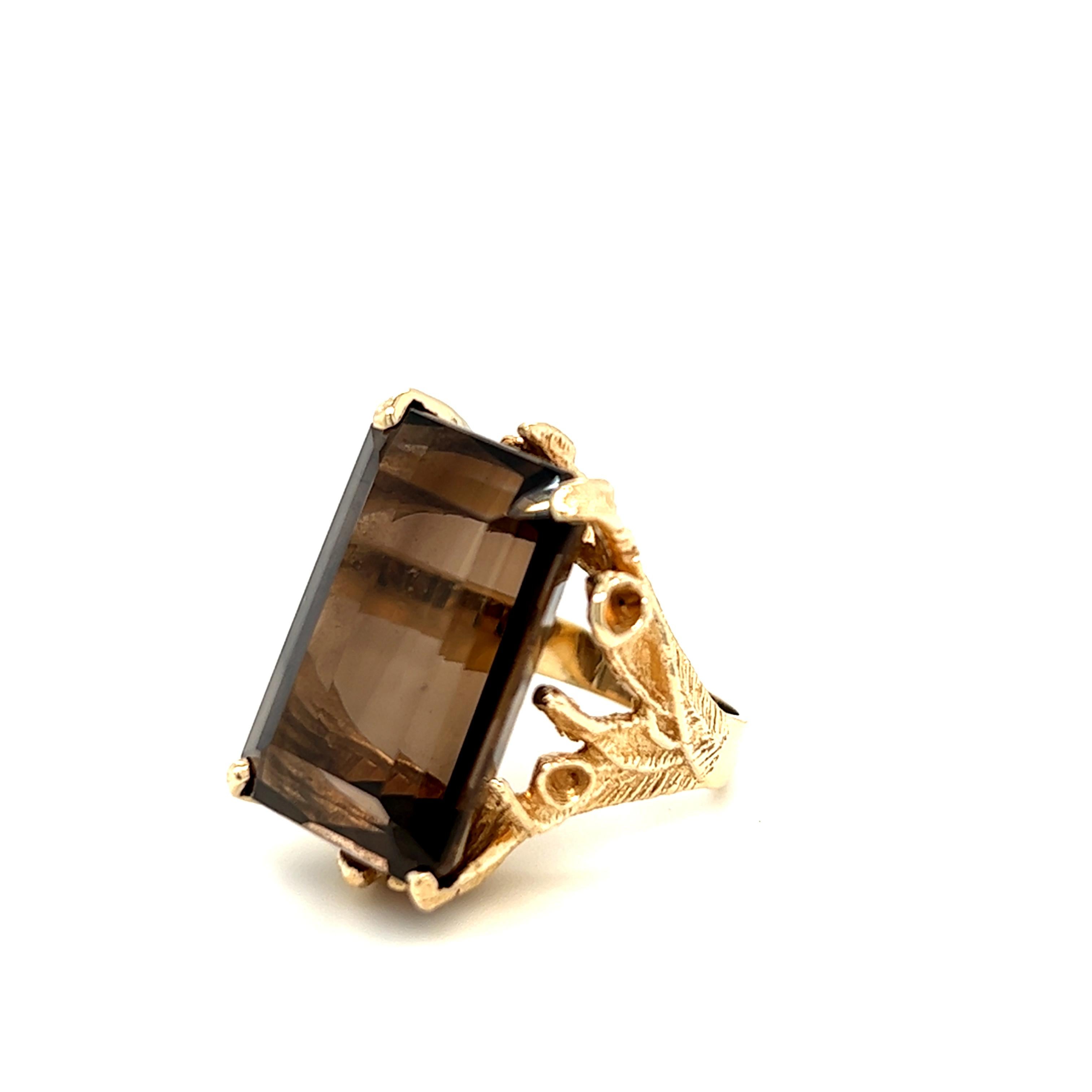 Artisan 30 carat Smokey Quartz Foliate Motif Ring 14k Yellow Gold For Sale