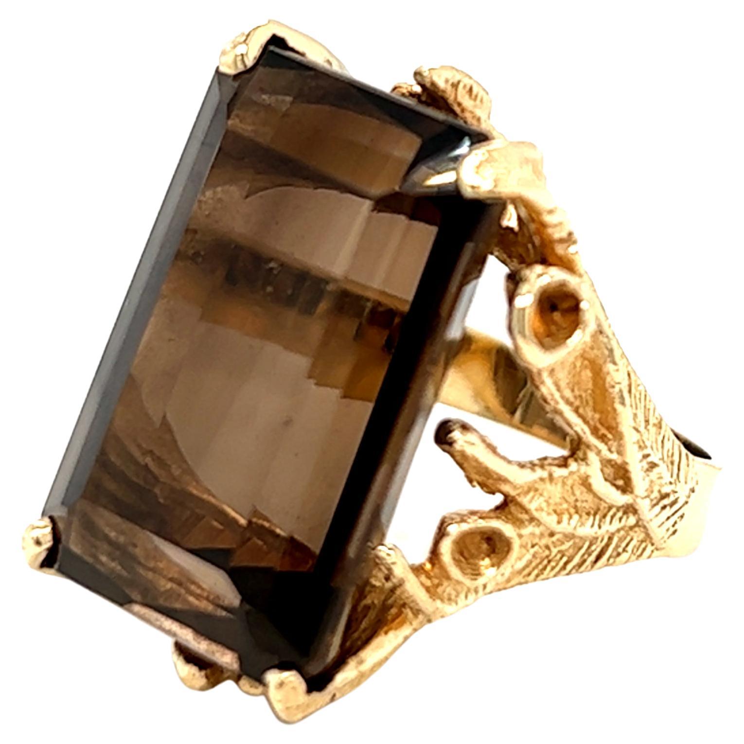 30 carat Smokey Quartz Foliate Motif Ring 14k Yellow Gold