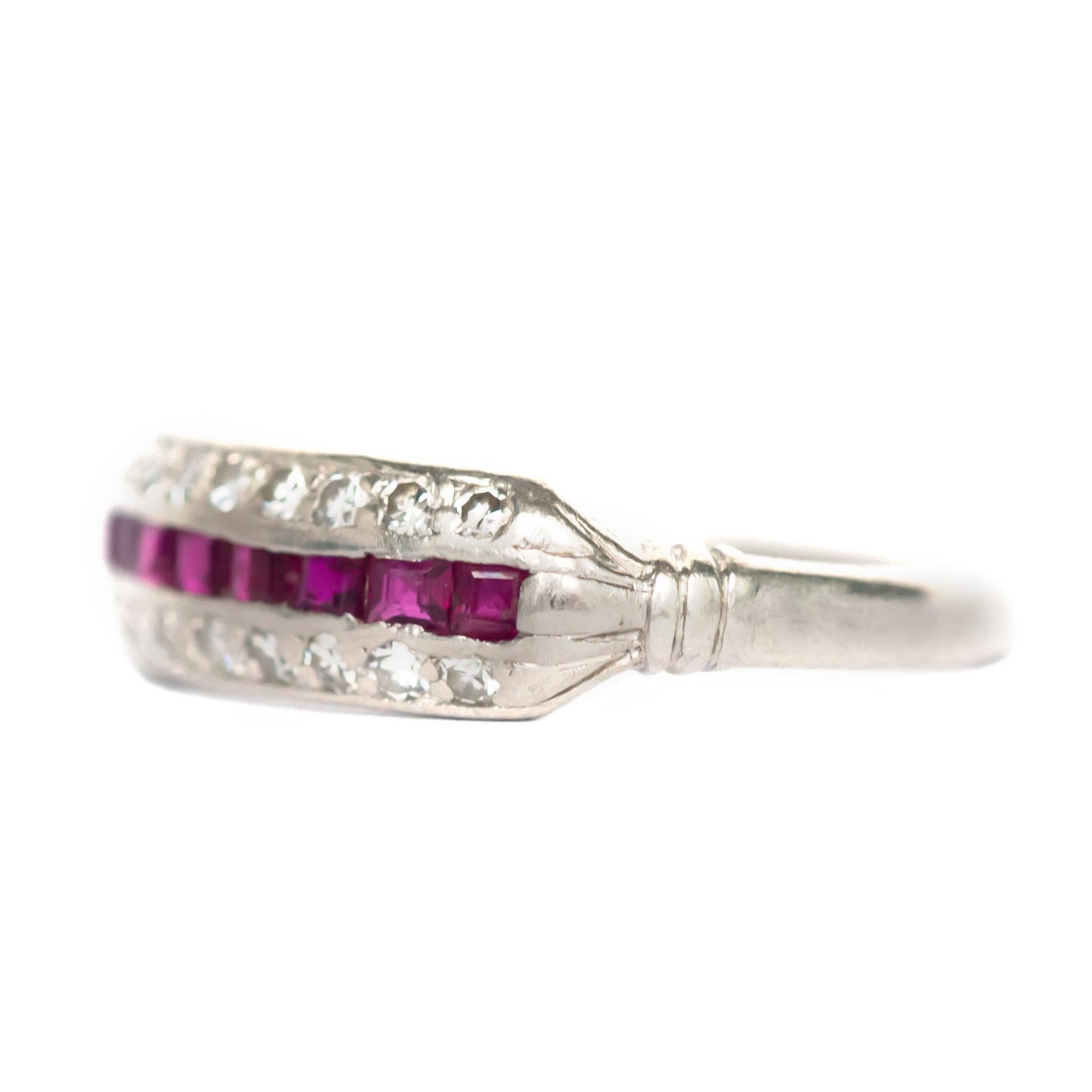 Ring Size: 5.5
Metal Type: Platinum
Weight: 3.7 grams

Center Diamond Details
Shape: French Cut 
Carat Weight: .30 carat total weight
Color: Natural Ruby

Side Stone Details: 
Shape: Antique Single Cut 
Total Carat Weight: .20 carat total