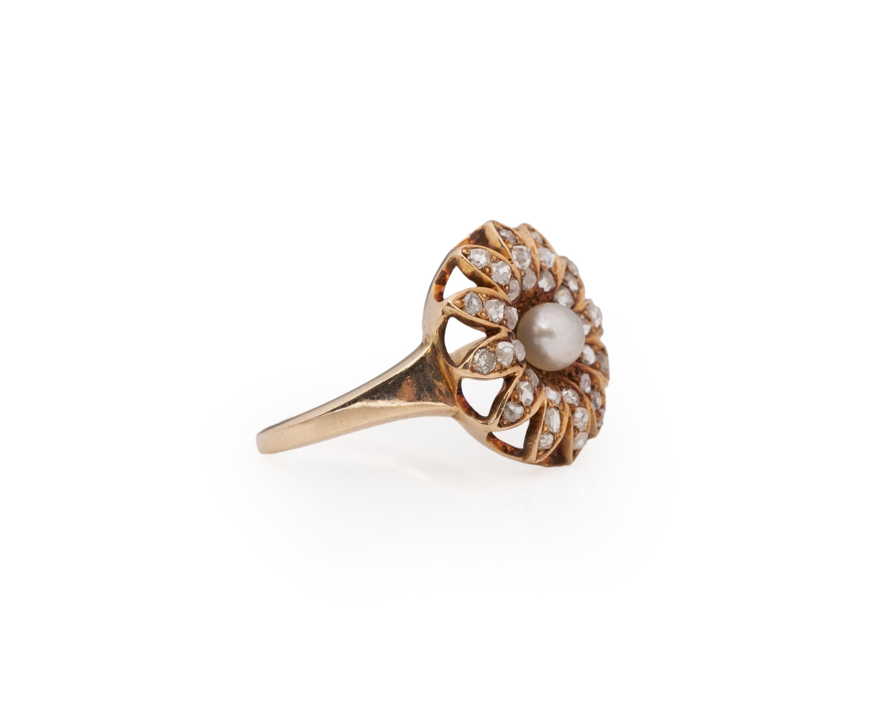 Ring Size: 5
Metal Type: 14K Yellow Gold [Hallmarked, and Tested]
Weight: 3.6 grams

Pearl: Natural, Pinkish-White

Diamond Details:
Weight: .30ct, total weight
Cut: Rose Cut, Antique
Color: H
Clarity: VS

Finger to Top of Stone Measurement: