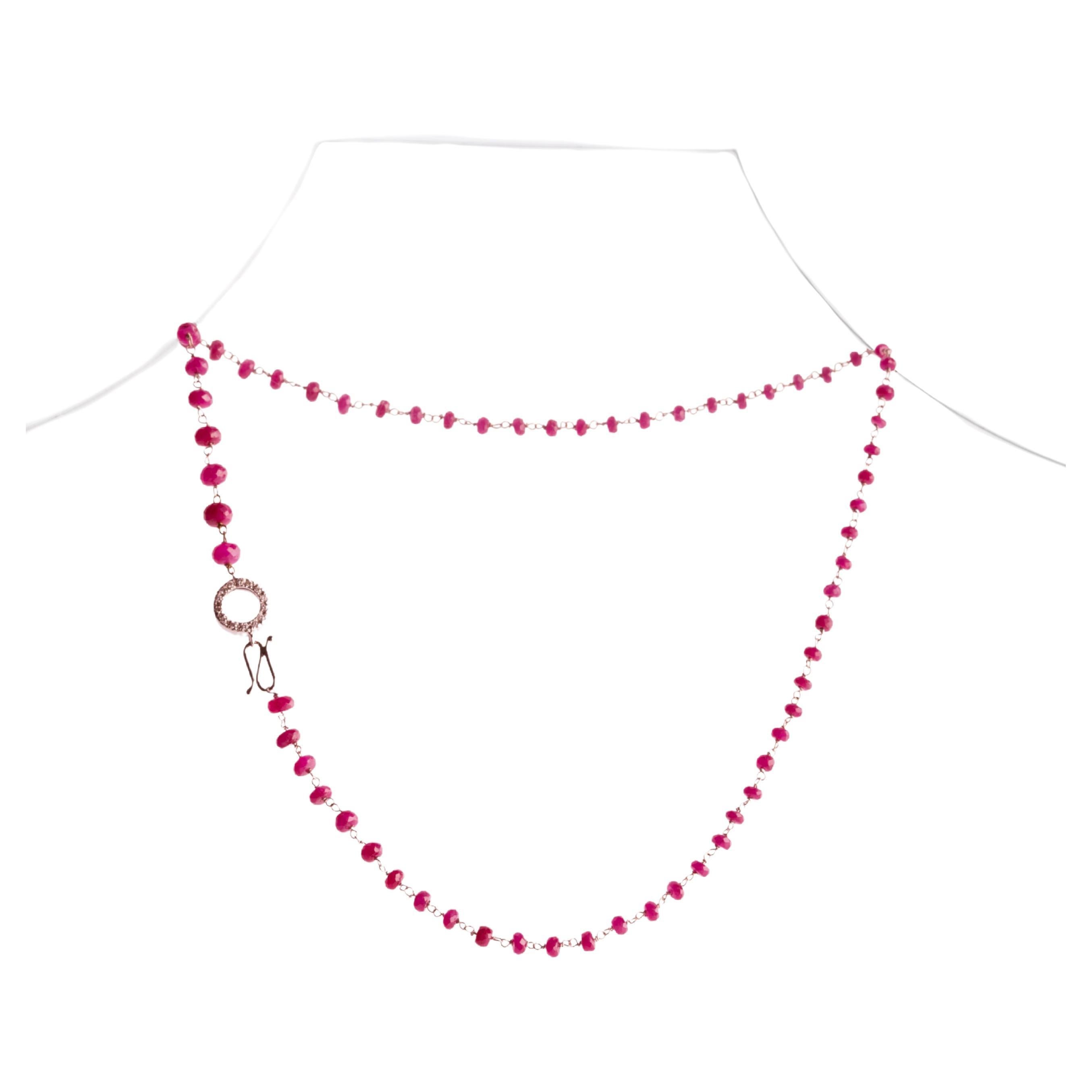 Collier de perles artisanale en or 18 carats avec rubis de 30 carats et diamants blancs de 0,44 carat