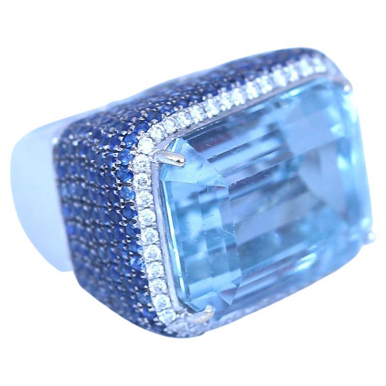 30 Ct Aquamarine 3 Ct Sapphires Diamond Ring, 1995 For Sale