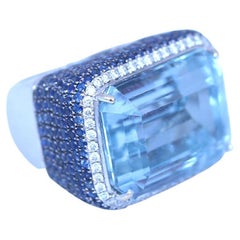 Vintage 30 Ct Aquamarine 3 Ct Sapphires Diamond Ring, 1995