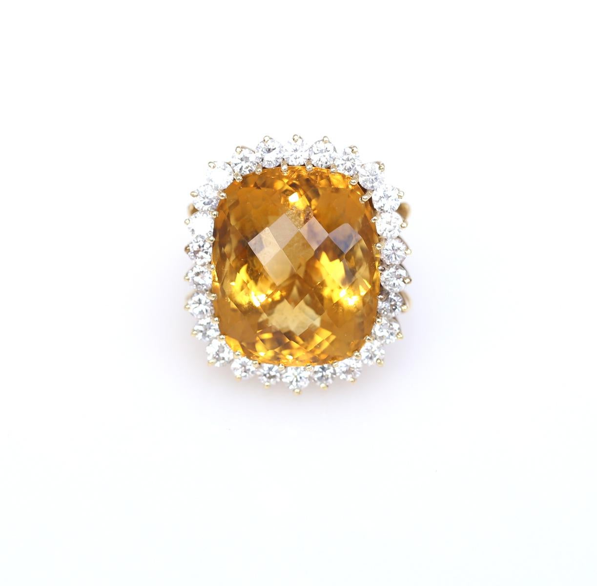 Asscher Cut 30 Ct Citrine 1 Ct Diamonds Ring 14K Yellow Gold, 1980