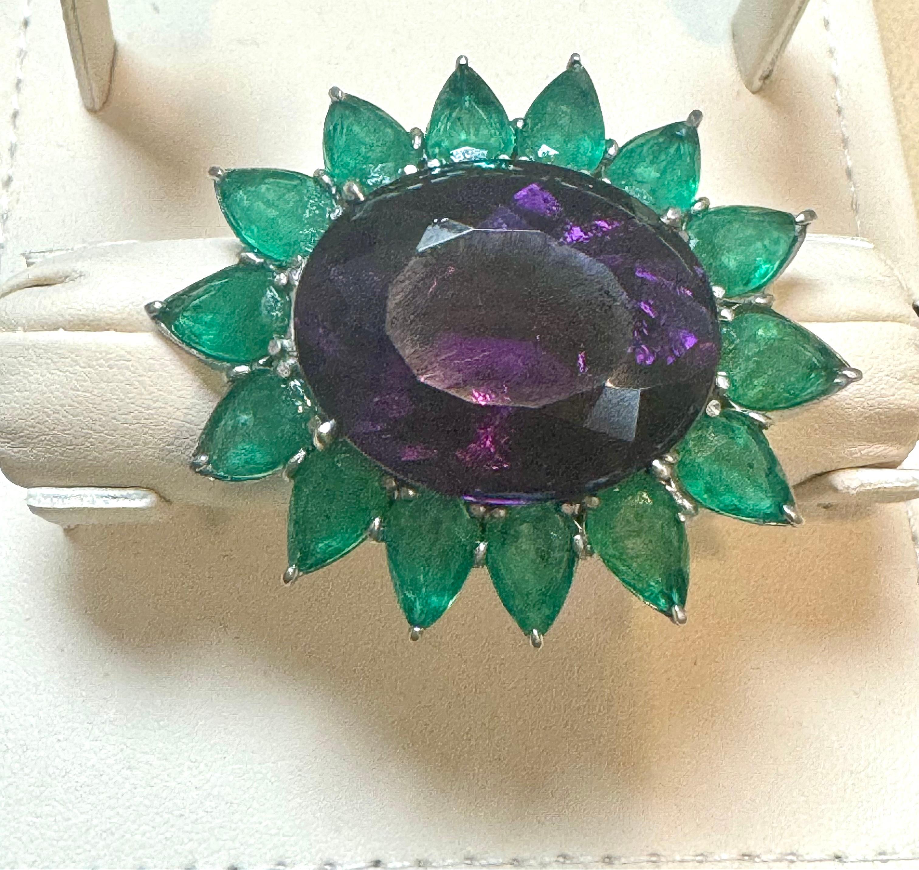 30 Ct Oval Amethyst & 25 Ct Emerald Large Cocktail Ring in Platinum, 32gm, Size6 For Sale 5