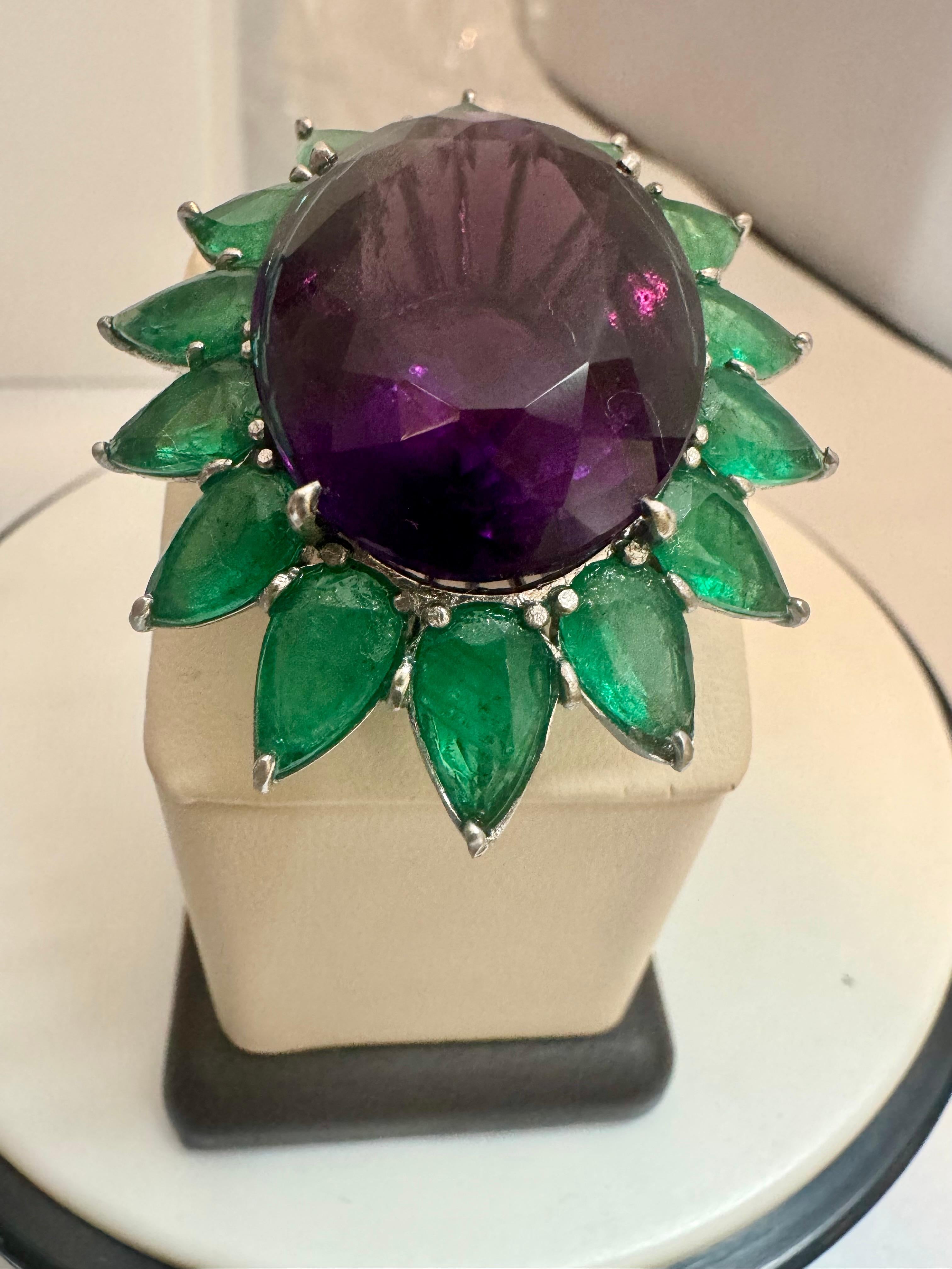 30 Ct Oval Amethyst & 25 Ct Emerald Large Cocktail Ring in Platinum, 32gm, Size6 For Sale 9