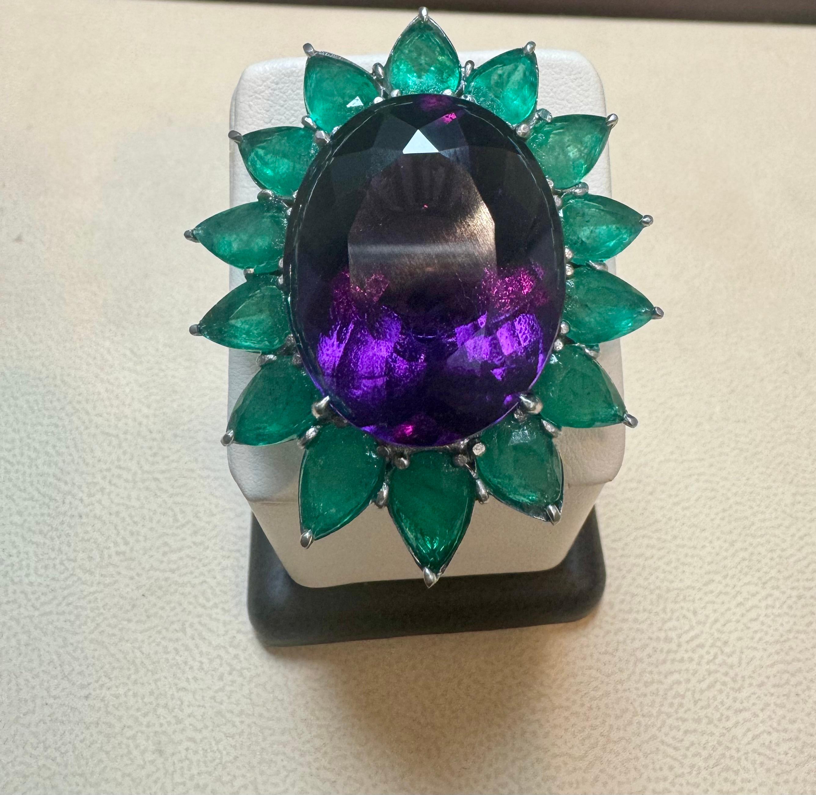 30 Ct Oval Amethyst & 25 Ct Emerald Large Cocktail Ring in Platinum, 32gm, Size6 For Sale 10