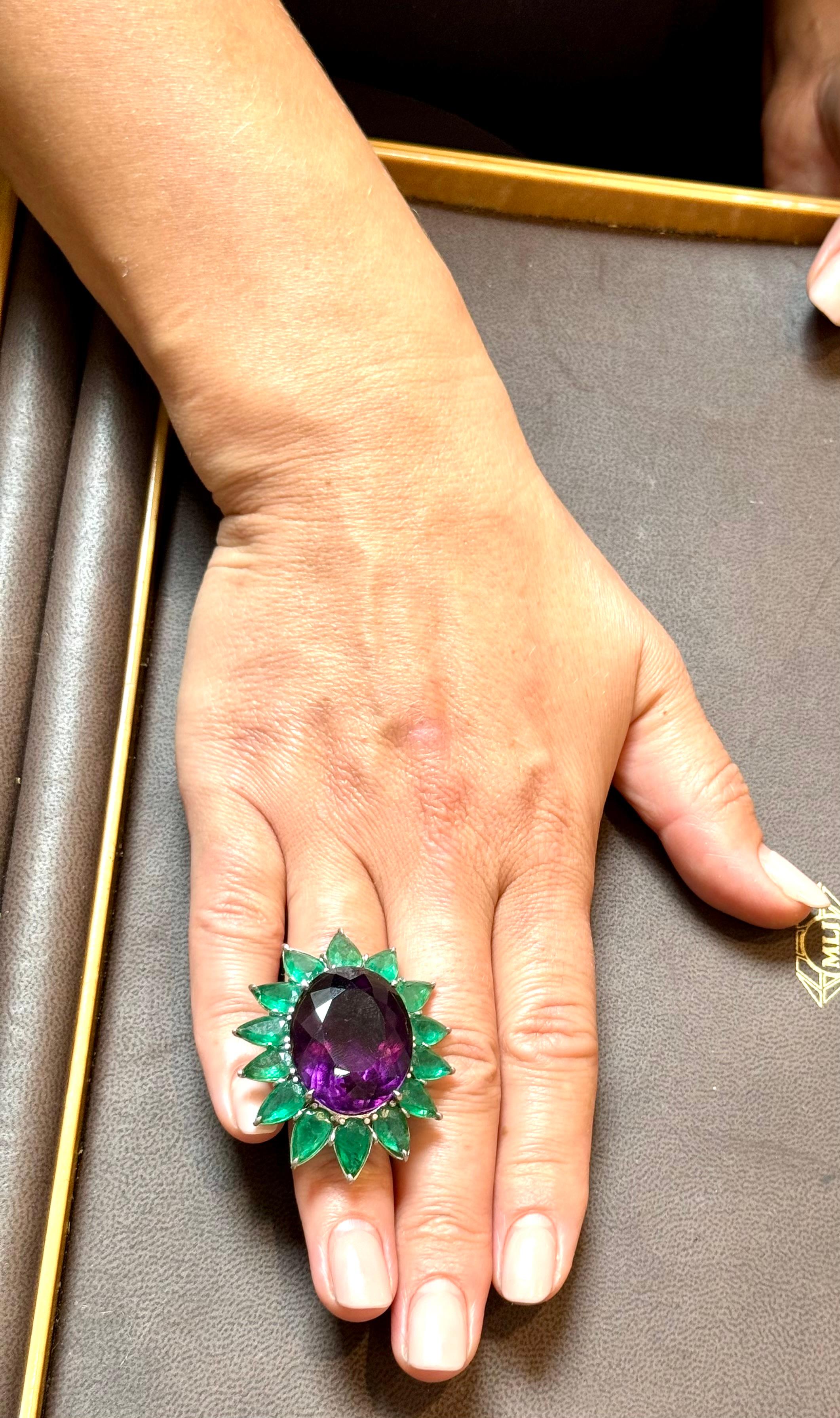 30 Ct Oval Amethyst & 25 Ct Emerald Large Cocktail Ring in Platinum, 32gm, Size6 For Sale 12
