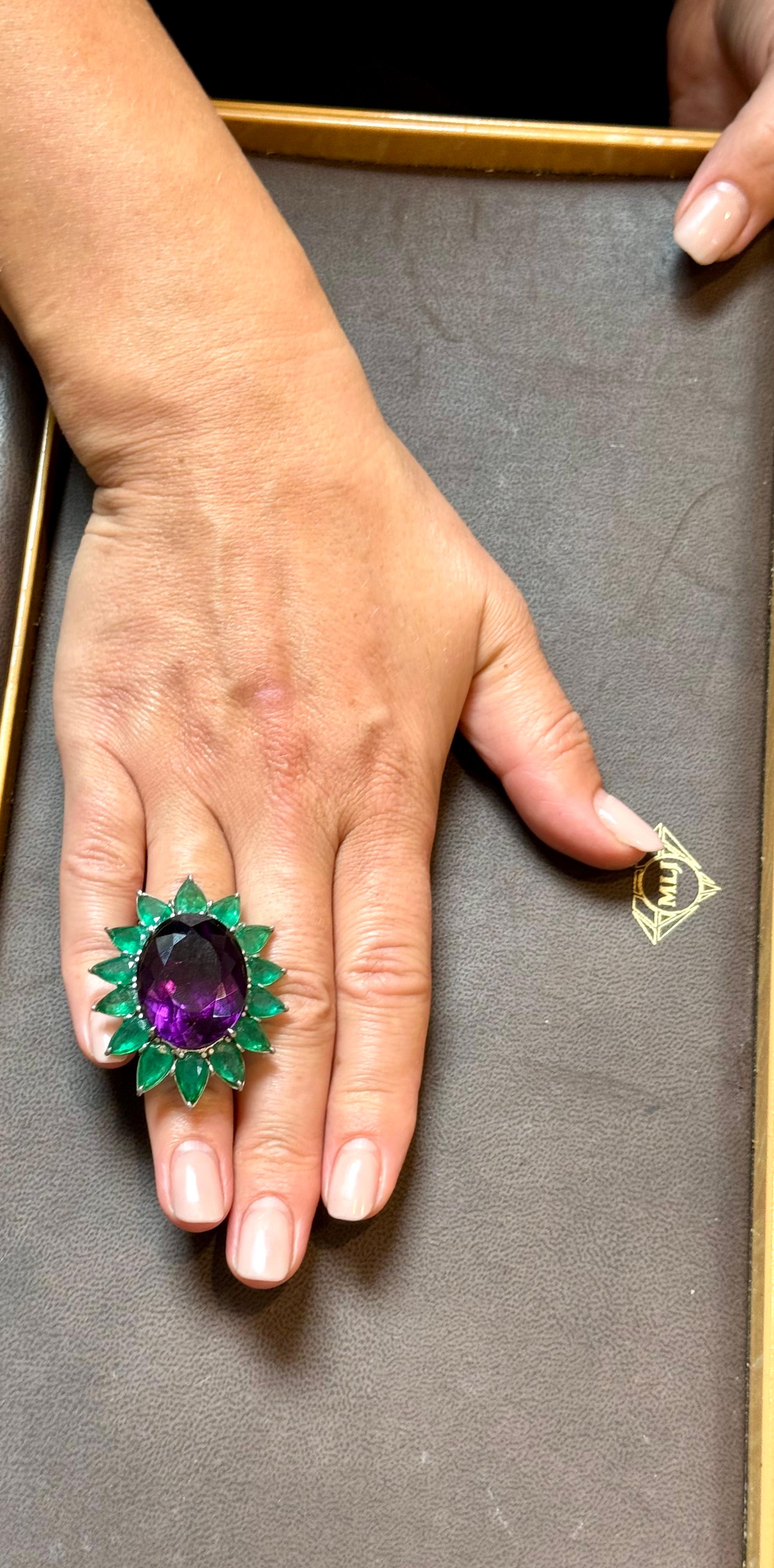 30 Ct Oval Amethyst & 25 Ct Emerald Large Cocktail Ring in Platinum, 32gm, Size6 For Sale 13