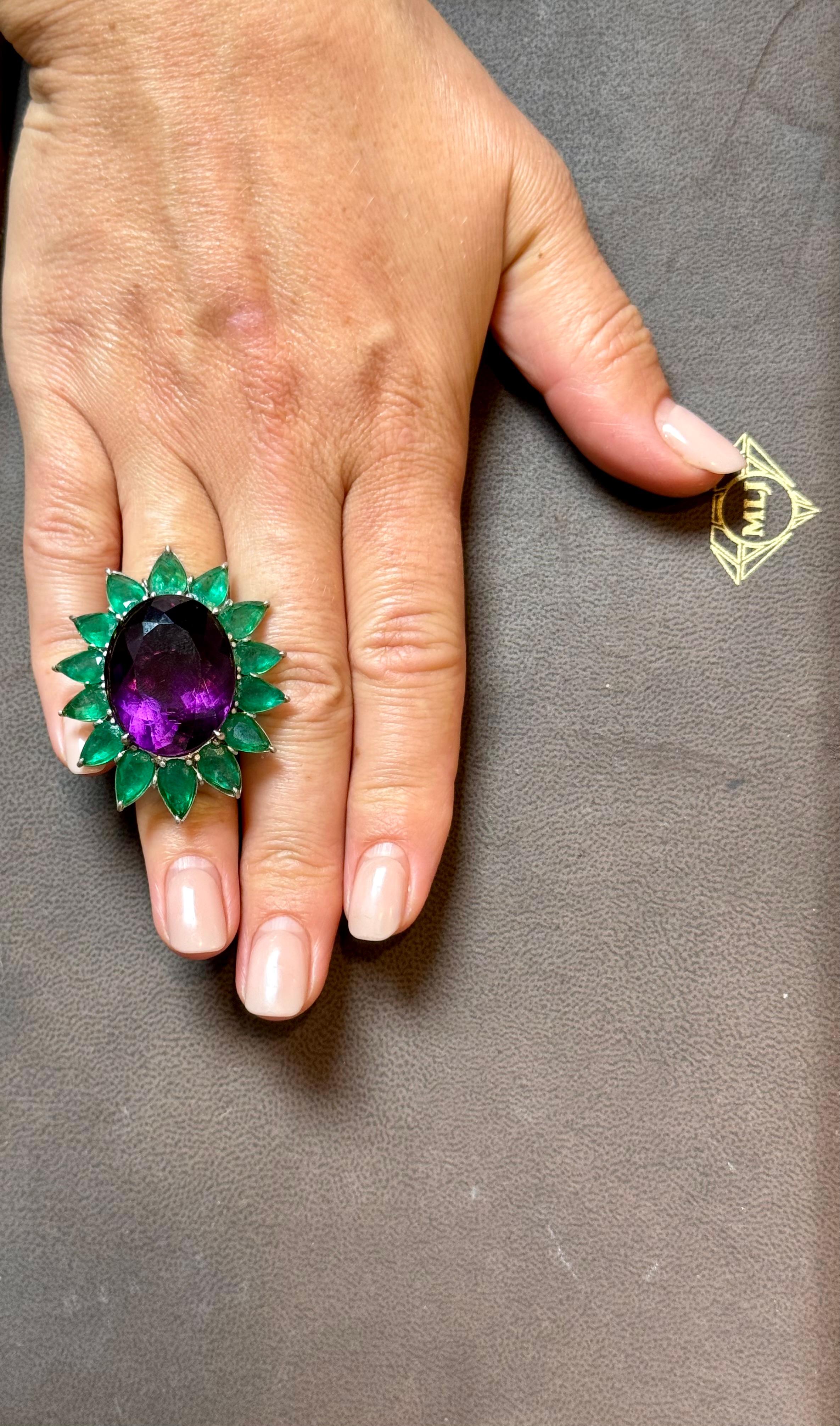 30 Ct Oval Amethyst & 25 Ct Emerald Large Cocktail Ring in Platinum, 32gm, Size6 For Sale 14