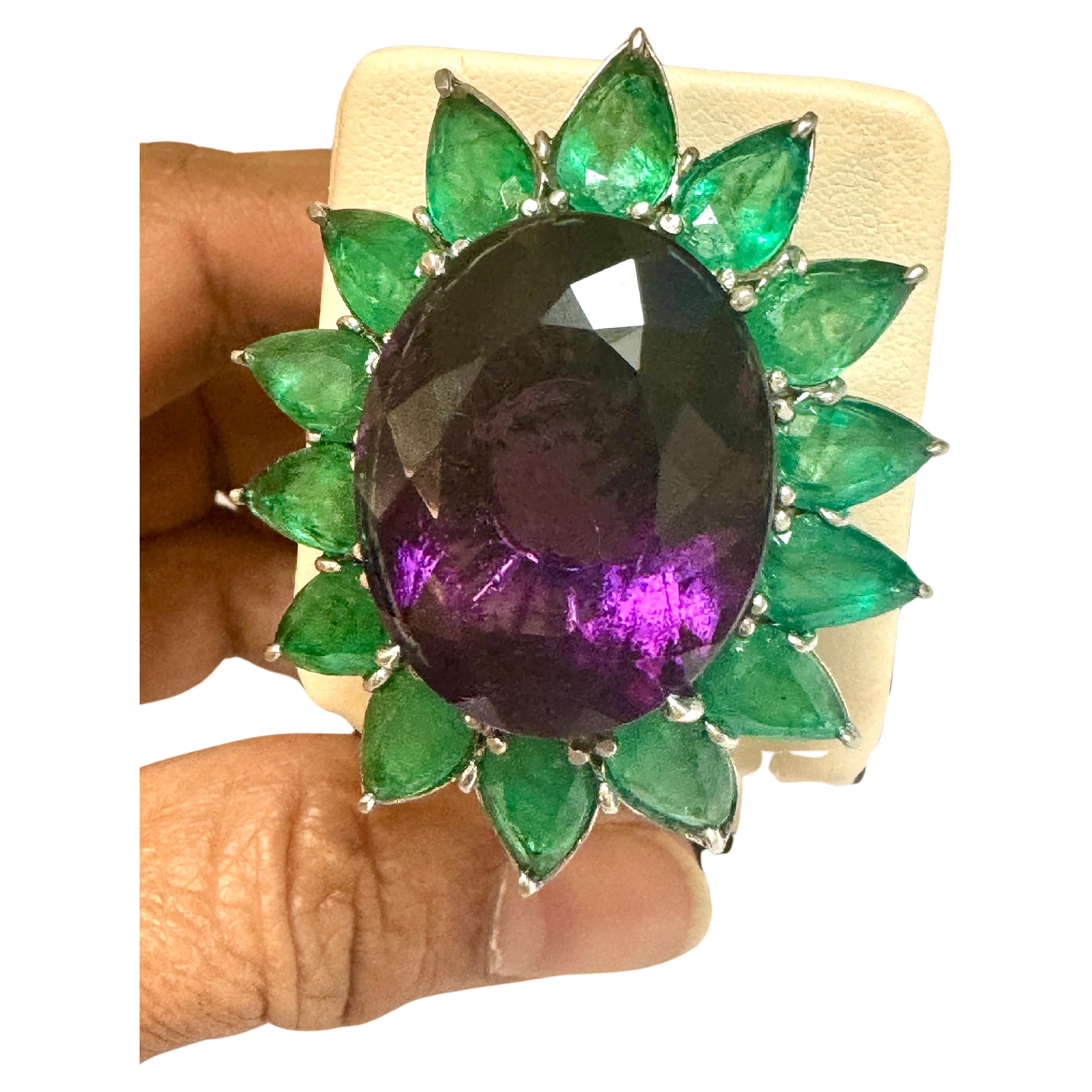 30 Ct Oval Amethyst & 25 Ct Emerald Large Cocktail Ring in Platinum, 32gm, Size6 For Sale