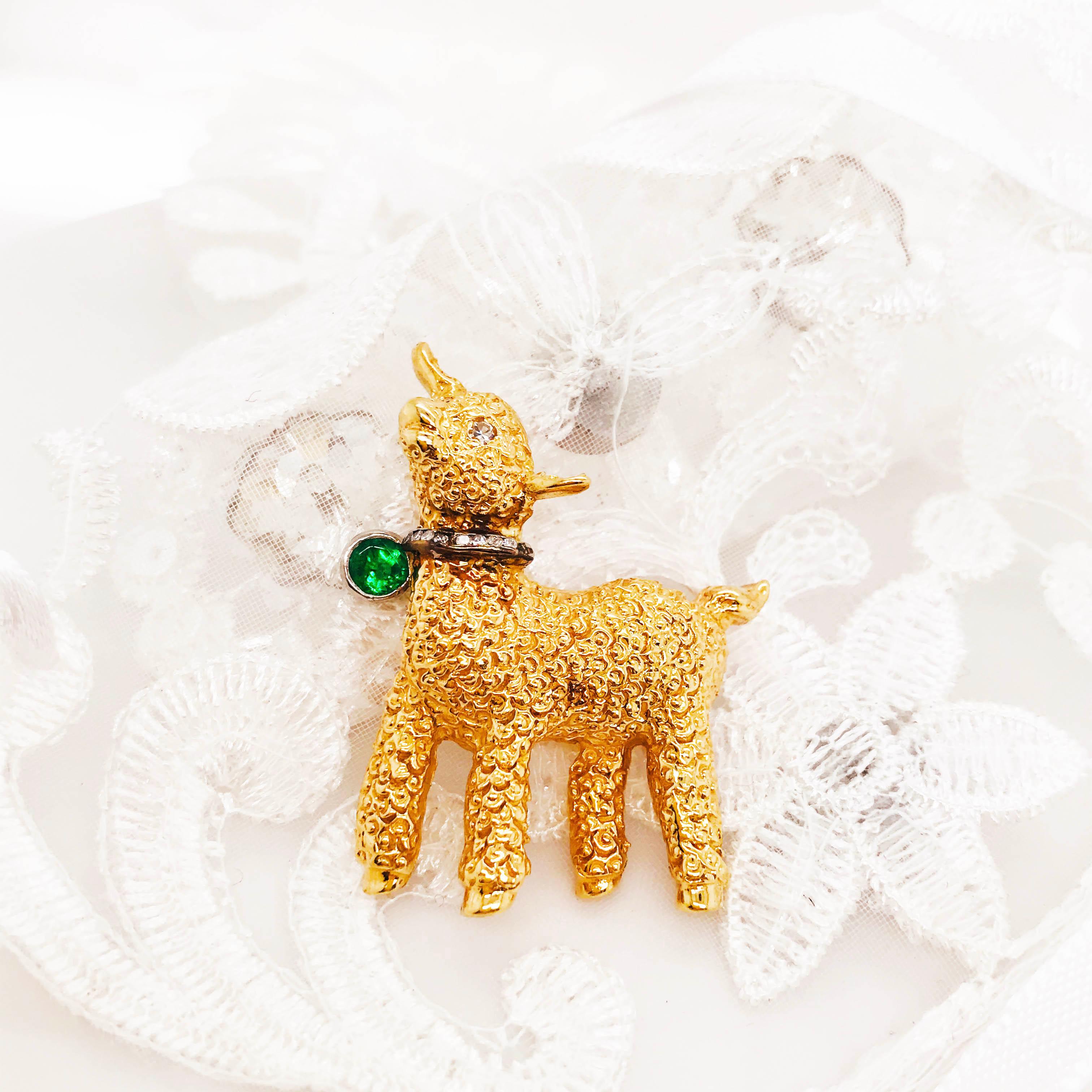 Gold Lamb/Sheep Brooch with Diamond Pave Collar and Emerald Tag! This lamb/sheep brooch was handmade and has a ton of detail work in 14K yellow gold. The adorable animal has a unique feature - the collar is paved with round brilliant diamonds and