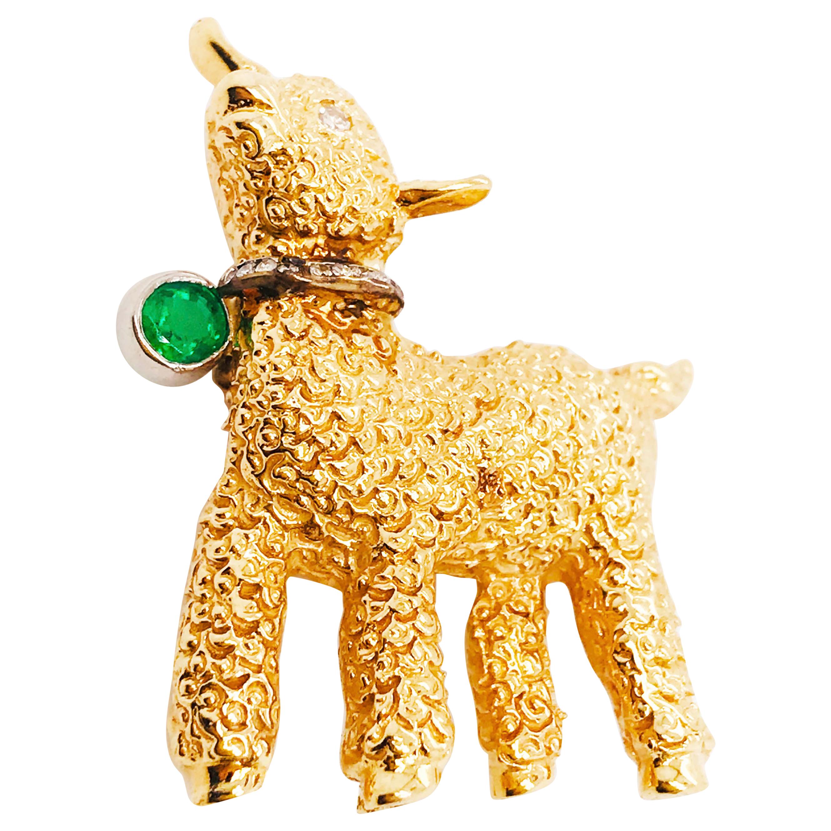 .30 CT TW Diamond & Emerald Lamb Sheep Custom Charm Brooch in 14K Yellow Gold