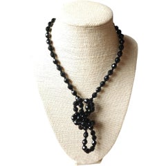 30" Czech Bohemian Black Faceted Glass Bead Long Flapper Strand Necklace, 1930s