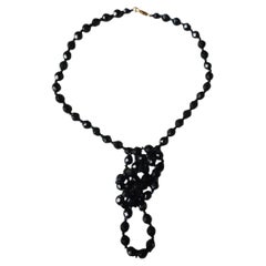 30" Czech Bohemian Black Faceted Glass Bead Long Flapper Strand Necklace, 1930s