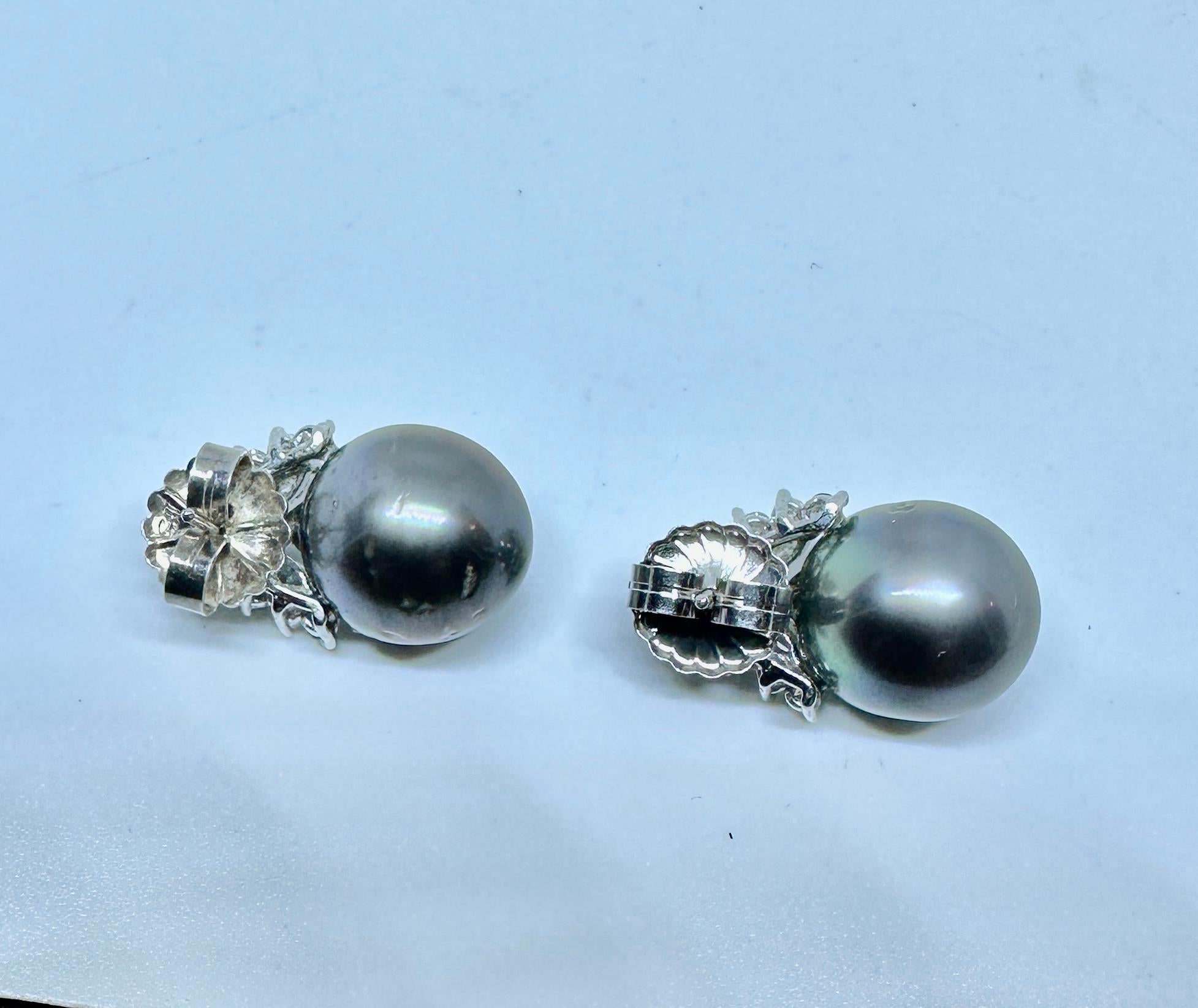 30 Diamond 14mm Black South Sea Pearl Earrings 14 Karat White Gold For Sale 4