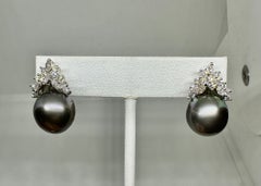 30 Diamond 14mm Black South Sea Pearl Earrings 14 Karat White Gold