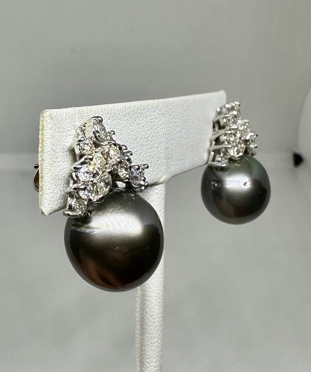 Contemporary 30 Diamond 14mm Black South Sea Pearl Earrings 14 Karat White Gold For Sale