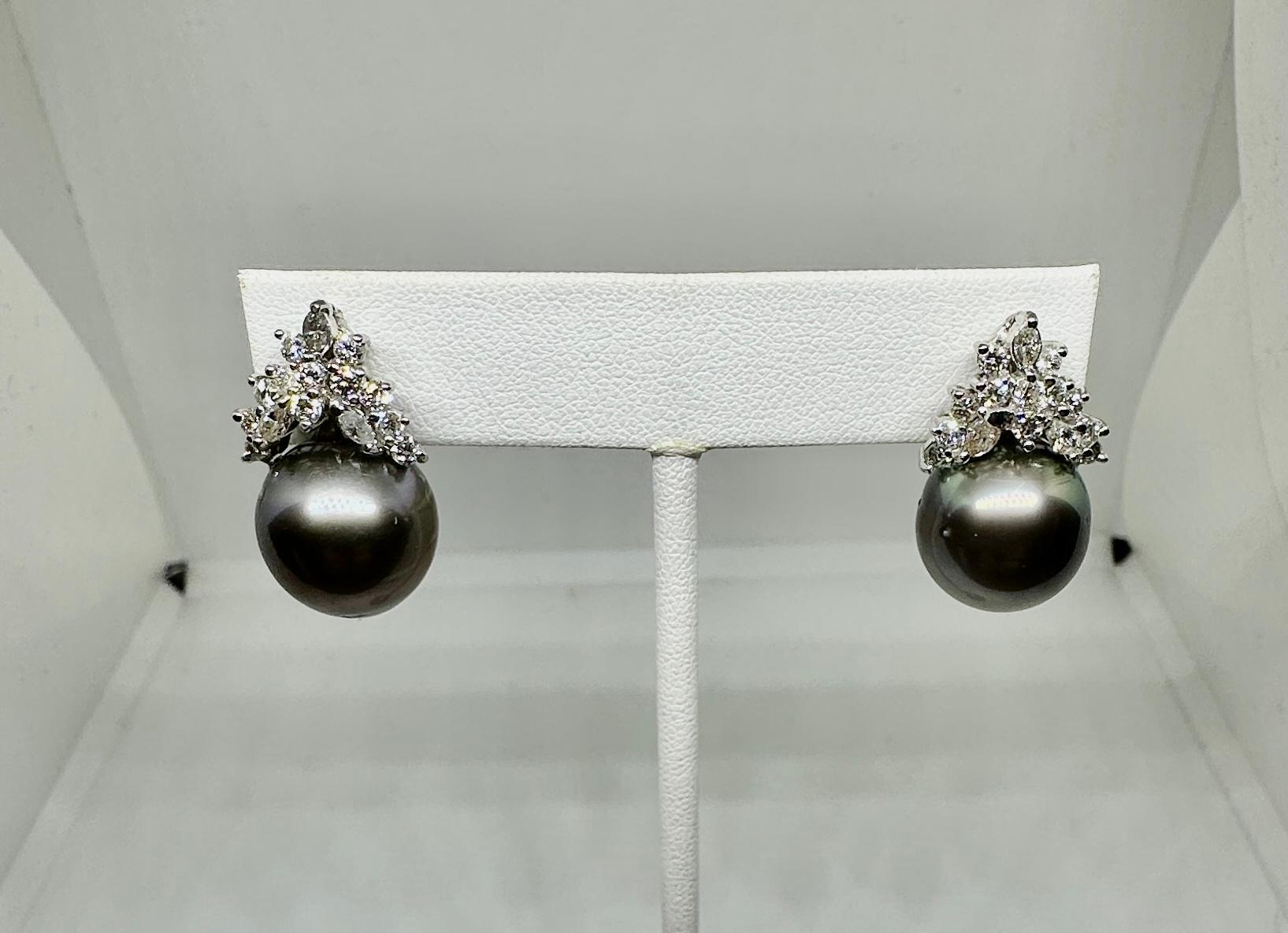 Marquise Cut 30 Diamond 14mm Black South Sea Pearl Earrings 14 Karat White Gold For Sale