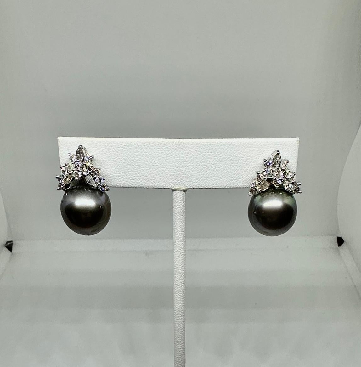 Women's 30 Diamond 14mm Black South Sea Pearl Earrings 14 Karat White Gold For Sale