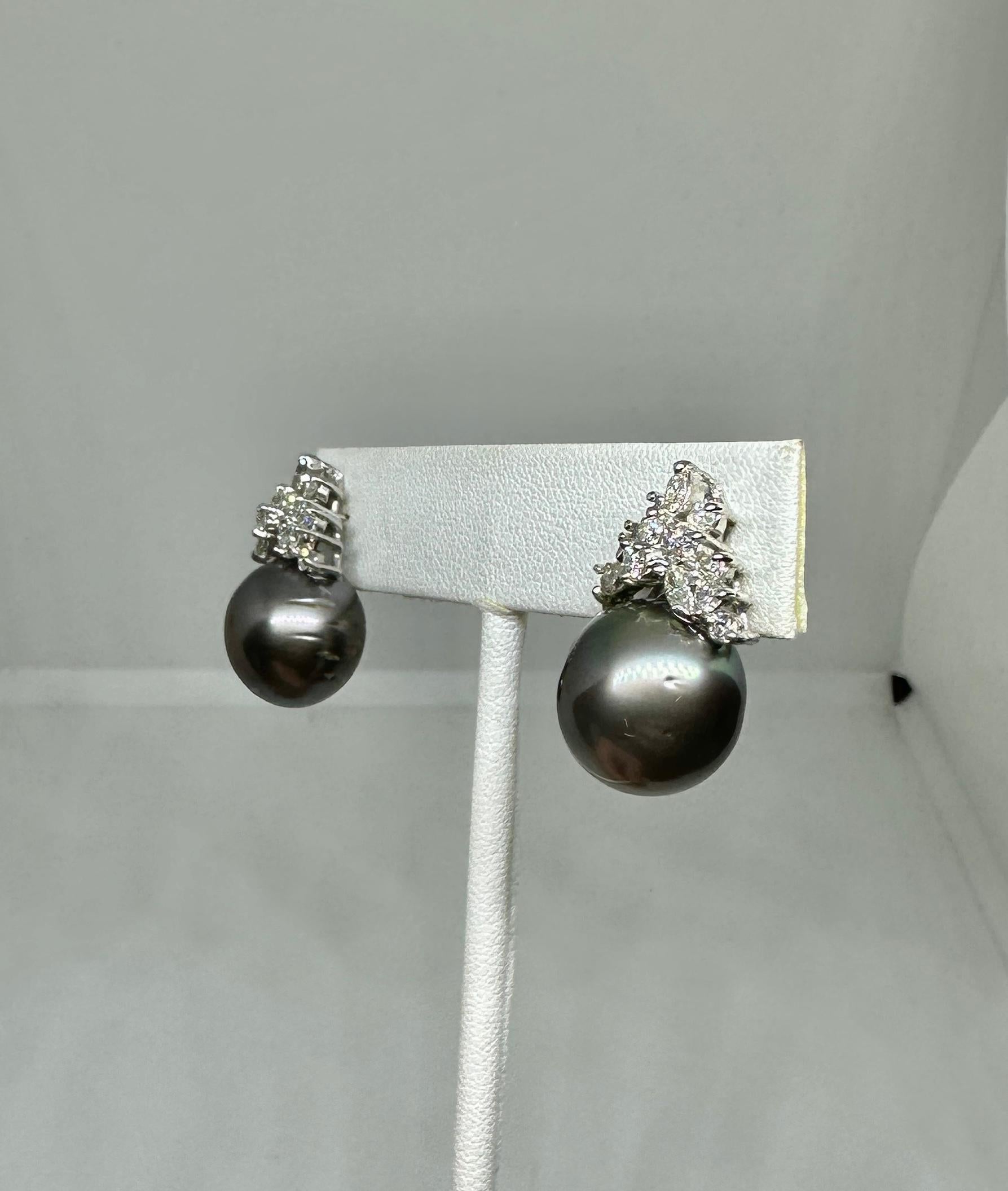 30 Diamond 14mm Black South Sea Pearl Earrings 14 Karat White Gold For Sale 1