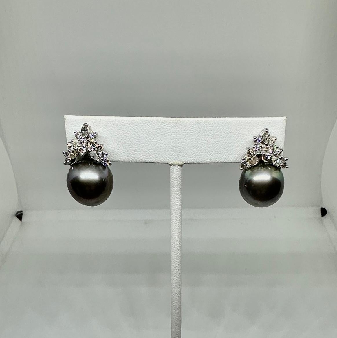 30 Diamond 14mm Black South Sea Pearl Earrings 14 Karat White Gold For Sale 2