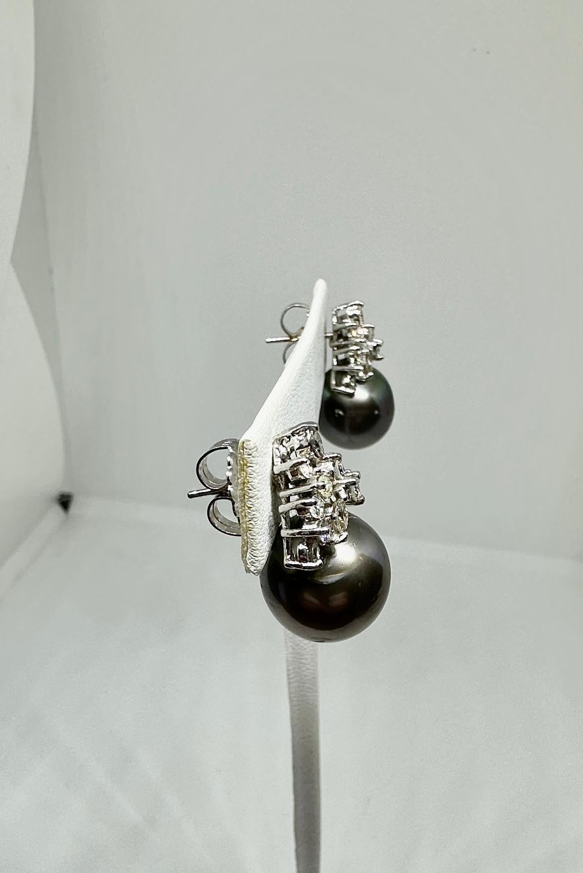 30 Diamond 14mm Black South Sea Pearl Earrings 14 Karat White Gold For Sale 3