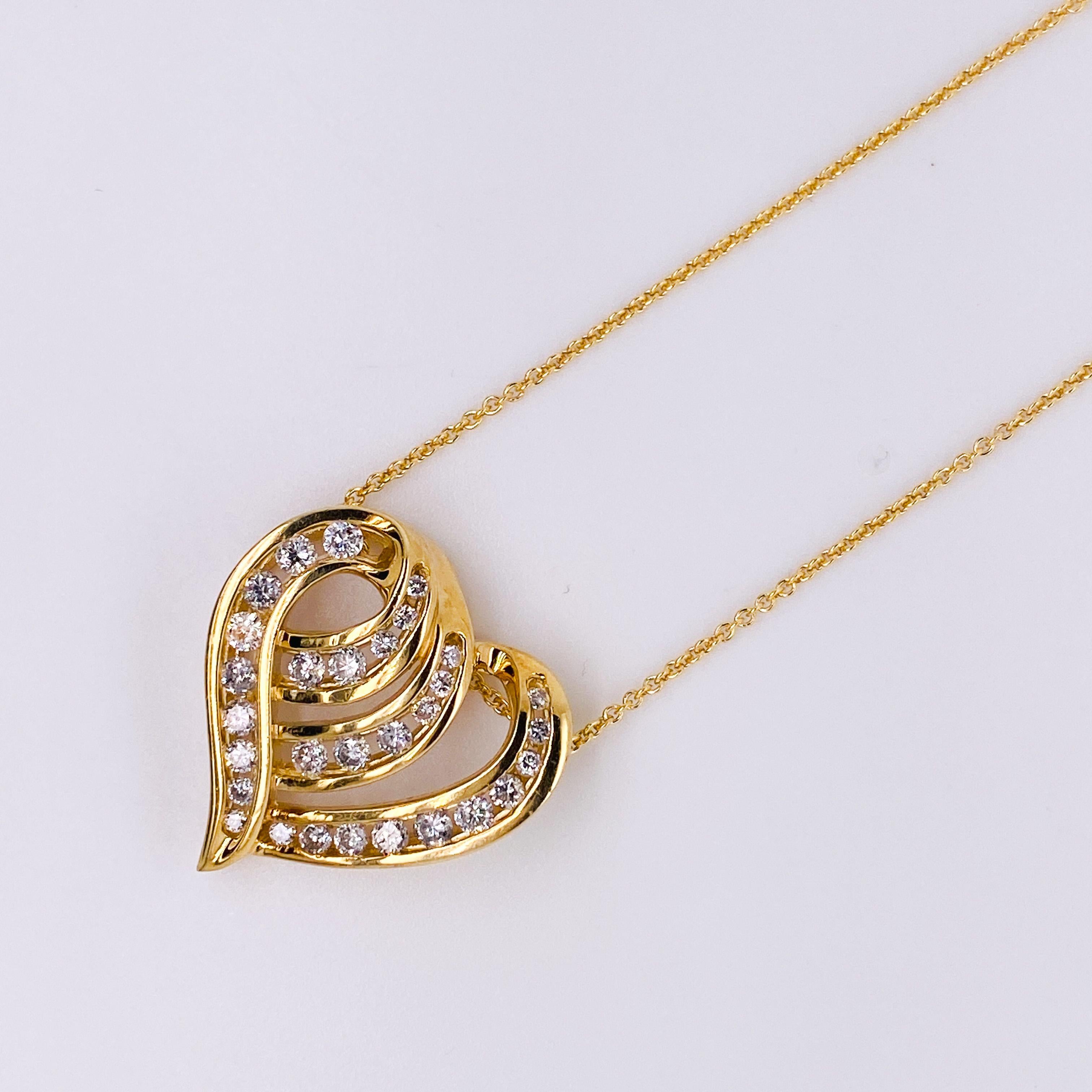 Let your love light shine through the open design of this heart pendant. The curling lines of the pendant are like the waves of your love. The diamonds along the open channels sparkle like the sun on the ocean of your love. The natural round