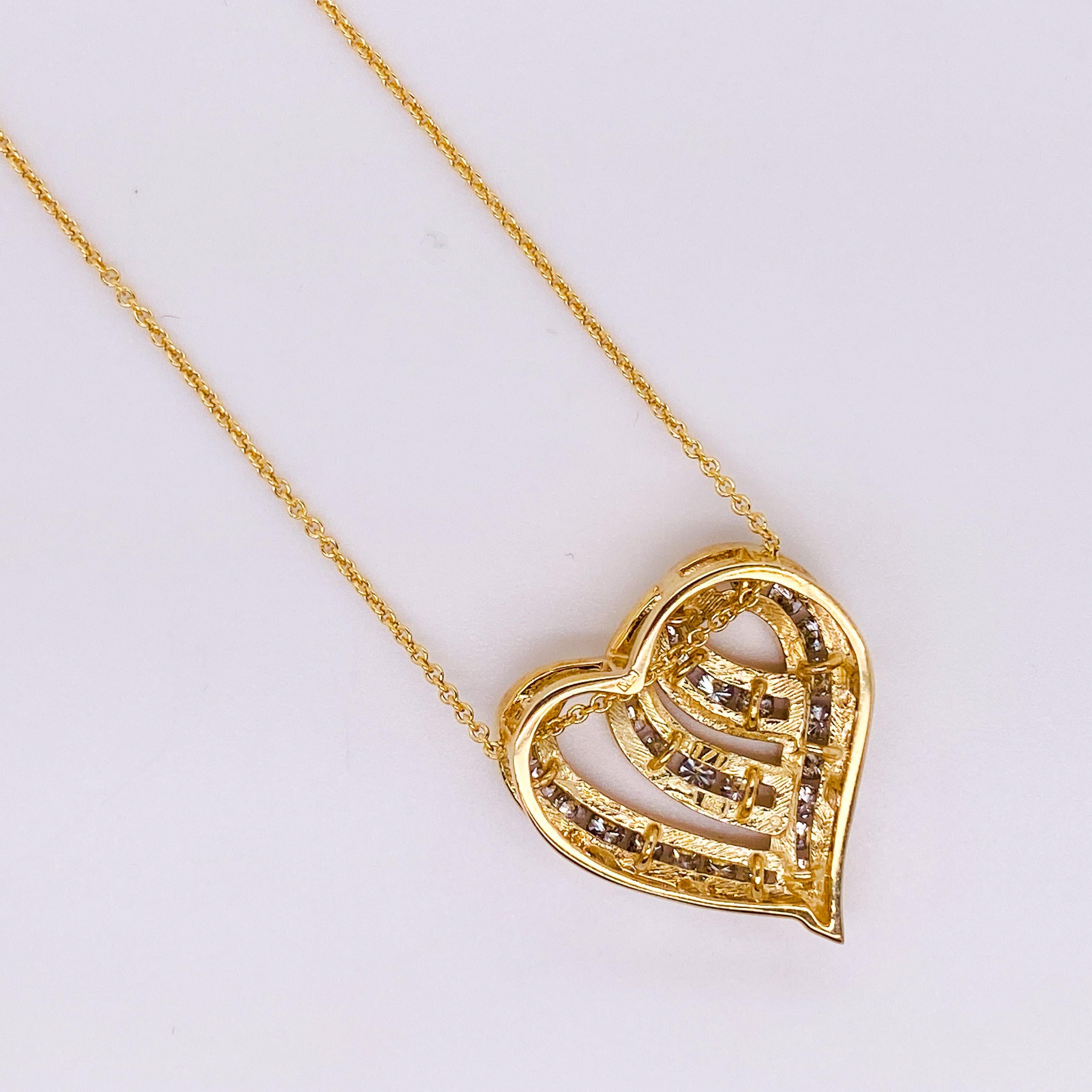Retro 1.50 carat Diamonds Open Wave Heart Slide Pendant 0.75-inch, 18-inch Chain 14KYG For Sale