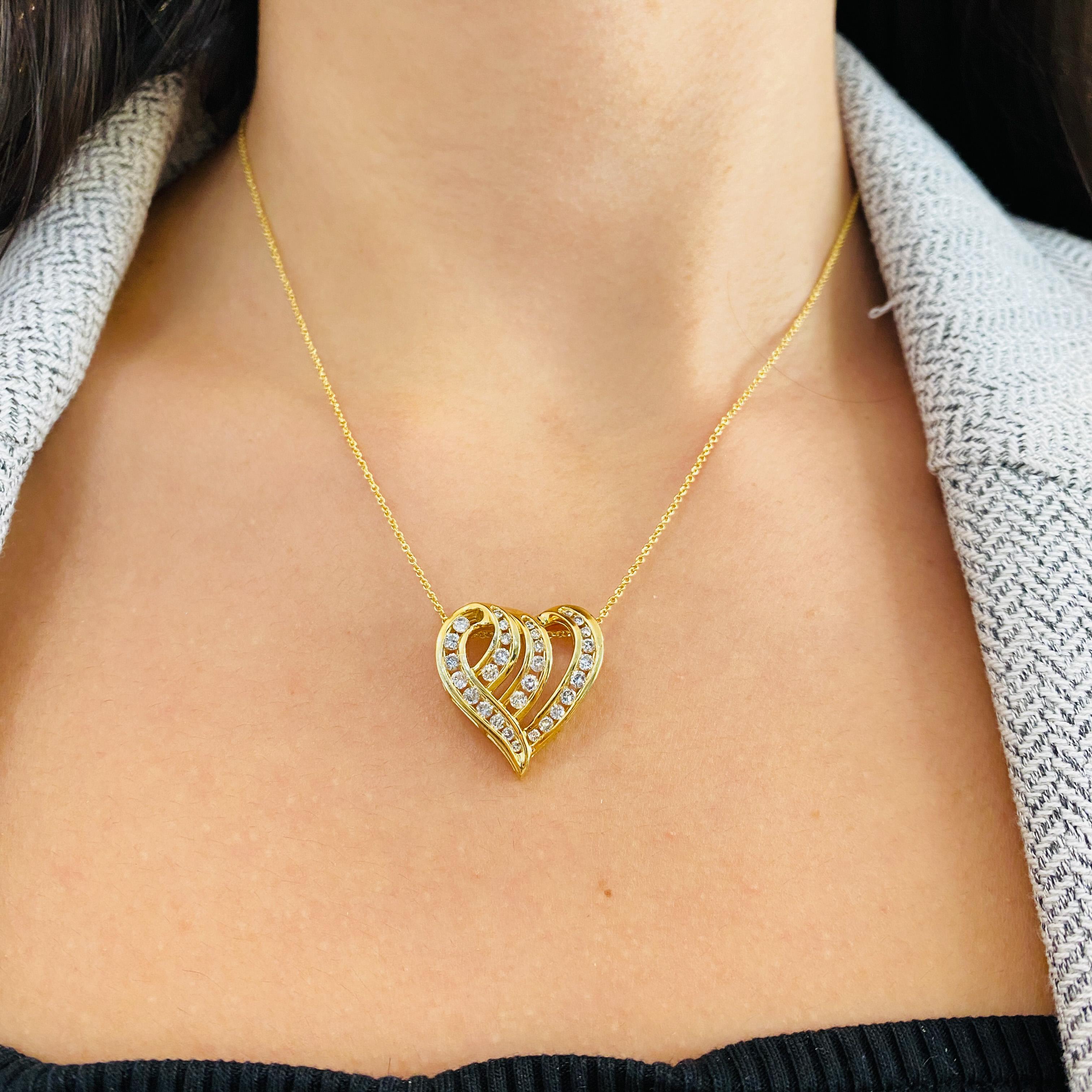 Round Cut 1.50 carat Diamonds Open Wave Heart Slide Pendant 0.75-inch, 18-inch Chain 14KYG For Sale