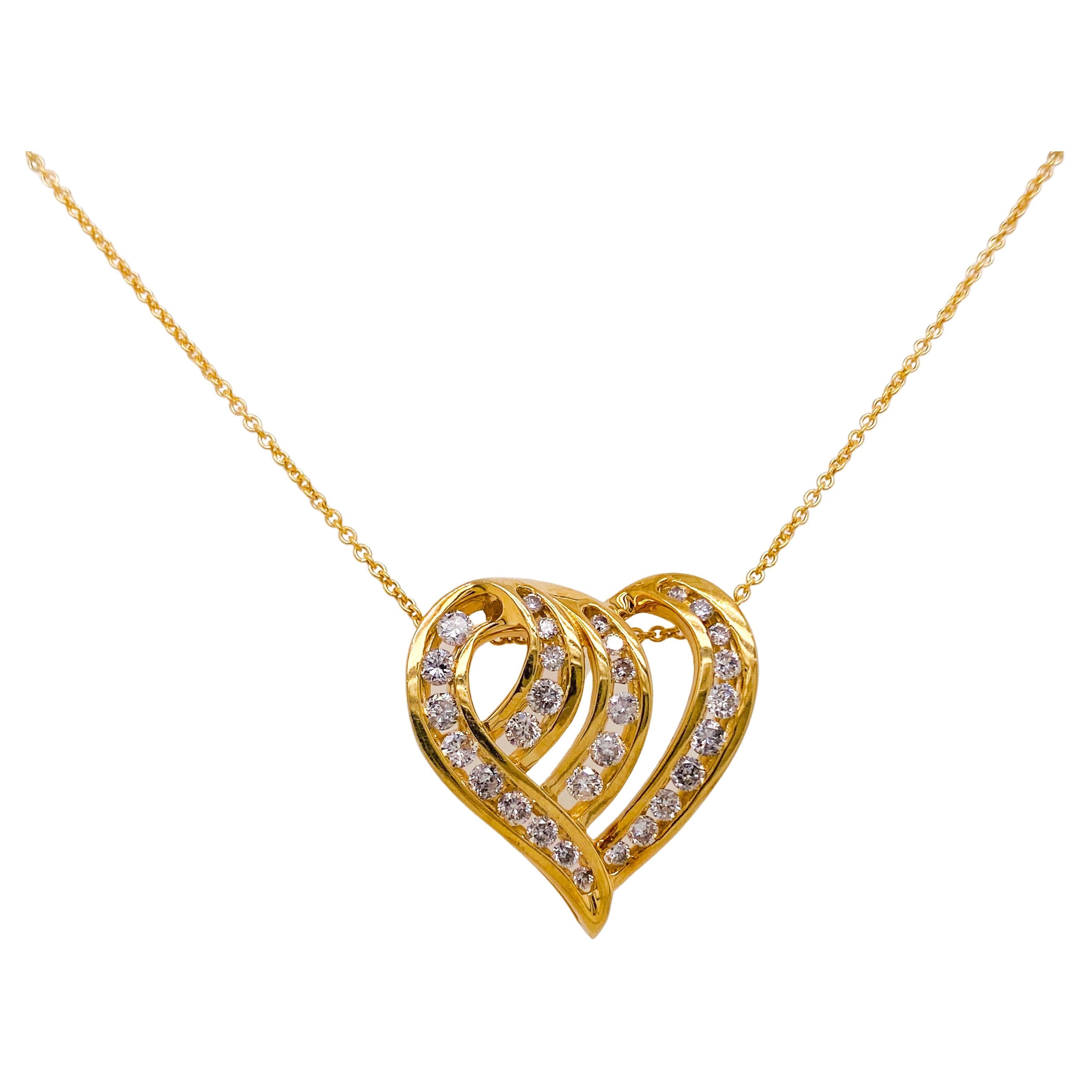 1.50 carat Diamonds Open Wave Heart Slide Pendant 0.75-inch, 18-inch Chain 14KYG