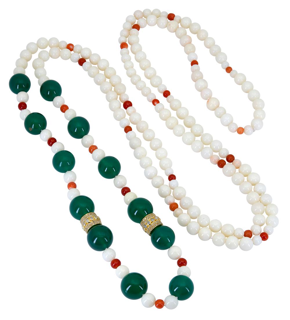 A 30 inch White Coral and Green Onyx Necklace that features 12 round, translucent, Green Onyx Beads that measure, as an average, 12 mm. These 12 rich green onyx beads stand out in beautiful contrast from the 6.5 mm natural white coral beads that are