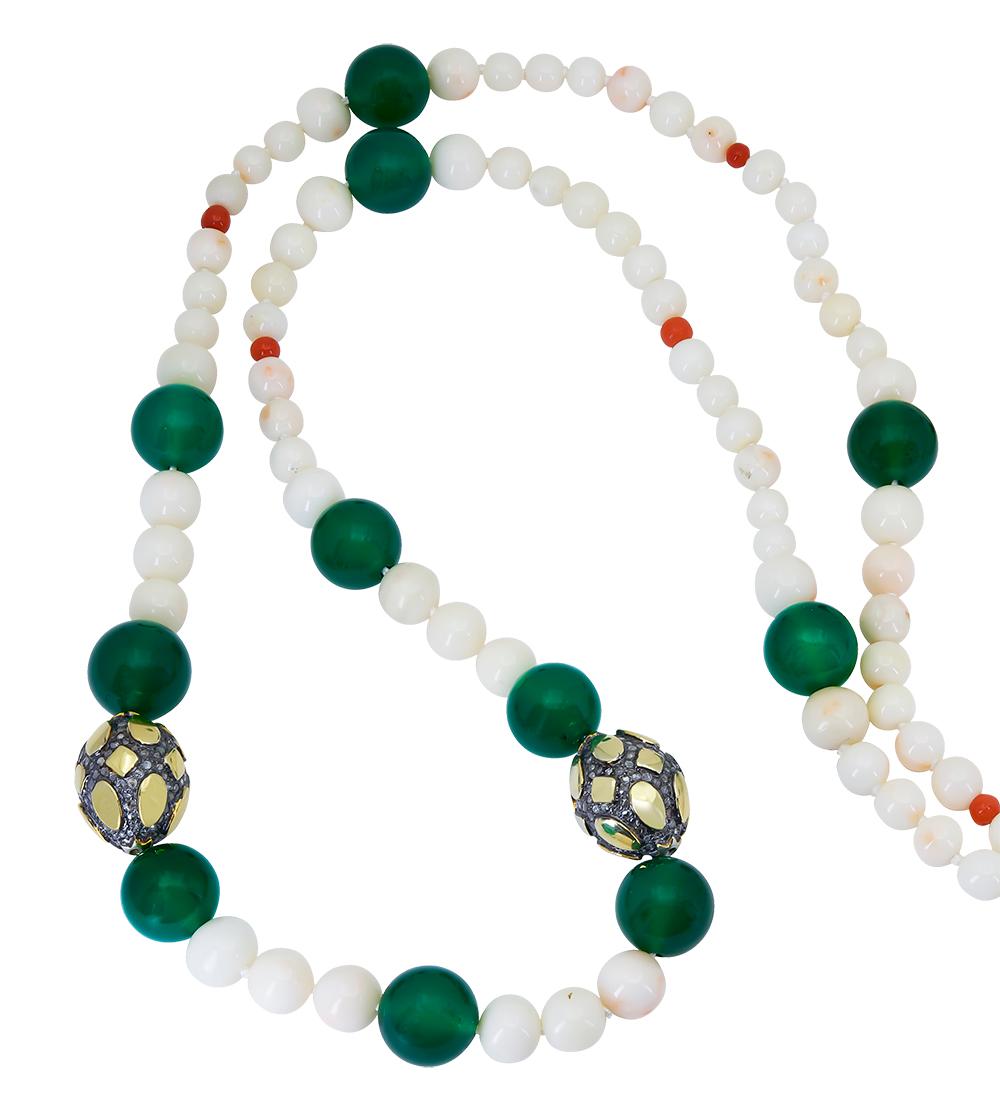 Contemporary White Coral and Green Onyx Necklace For Sale