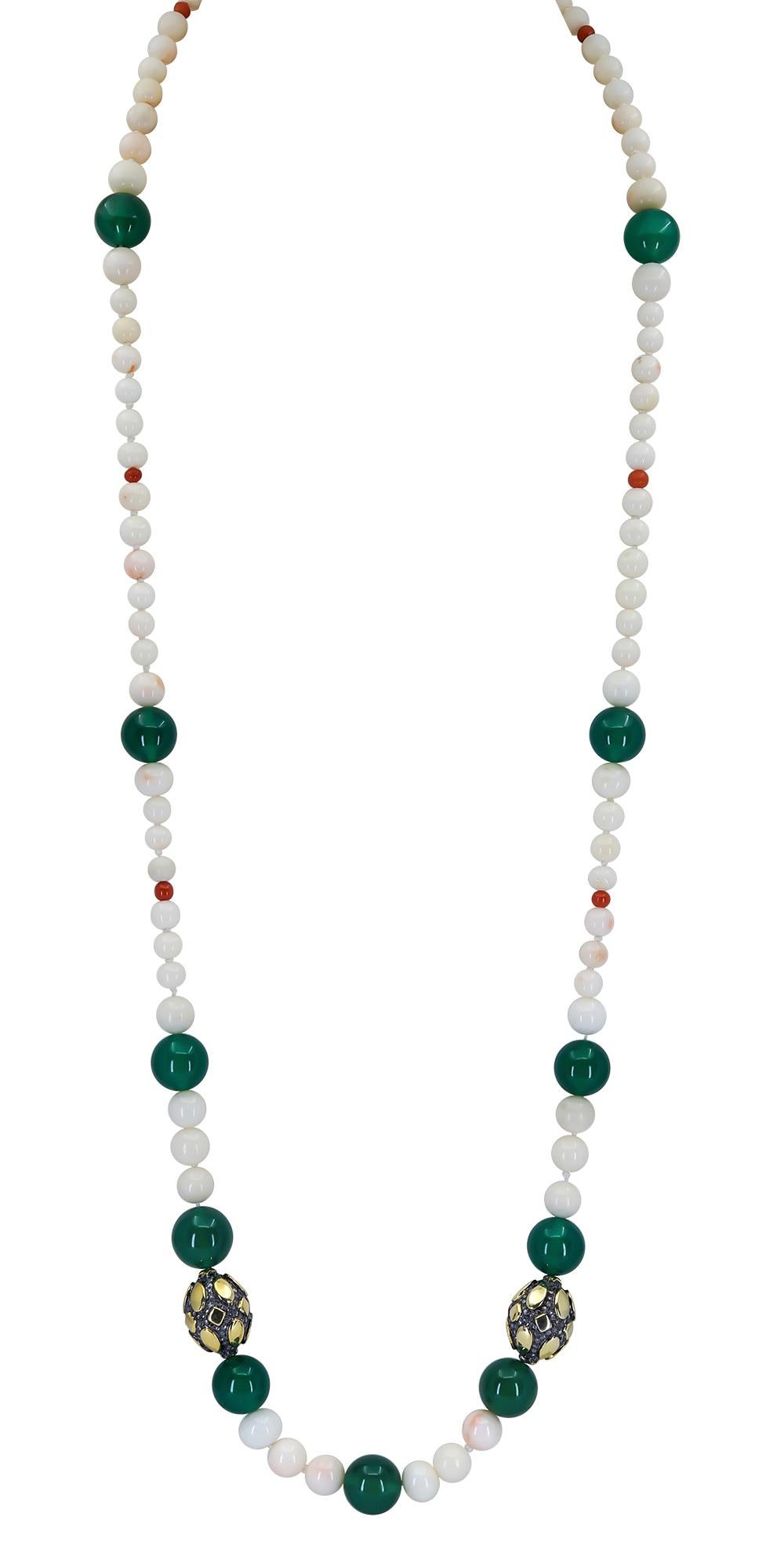Bead White Coral and Green Onyx Necklace For Sale