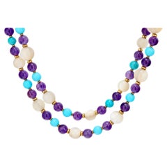 30" Italienische Perlenkette aus 18 Karat Gelbgold mit Perlmutt, Amethyst und Türkis in Türkis
