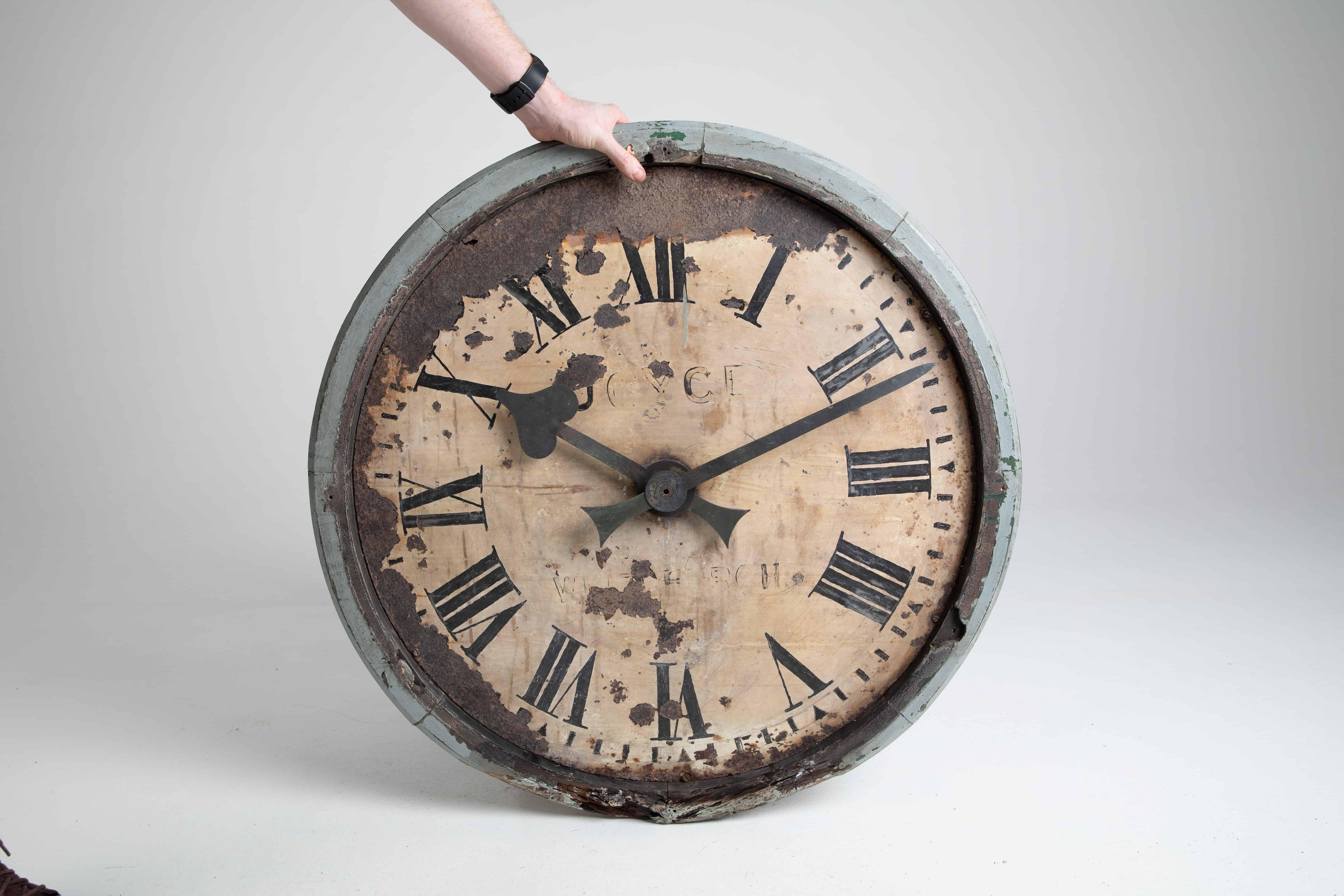 A scarcely found tower clock made in England by Joyce of Whitchurch. c.1880

A rare find, and in an incredibly time worn distressed appearance. Heavy duty steel dial with numerous stains, losses, cracks and chips - but critically all sound, secure