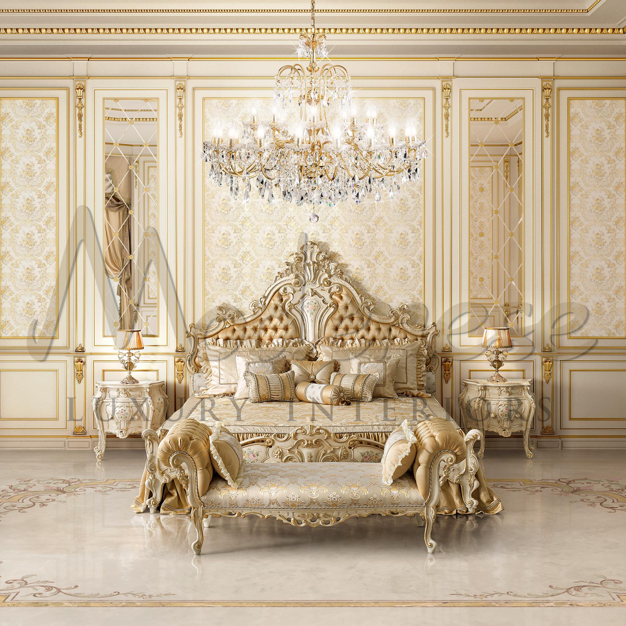Monumental baroque chandelier especially designed by Modenese Luxury Interiors for luxury palaces and private villas. The 24kt gold leaf finished structure helds 30 light bulbs and tons of Scholler crystal pendants, that will enlight your room even