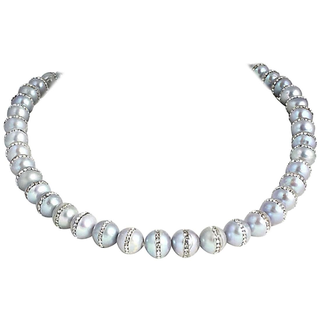 30" Long Gray Pearl and Rhinestone Necklace