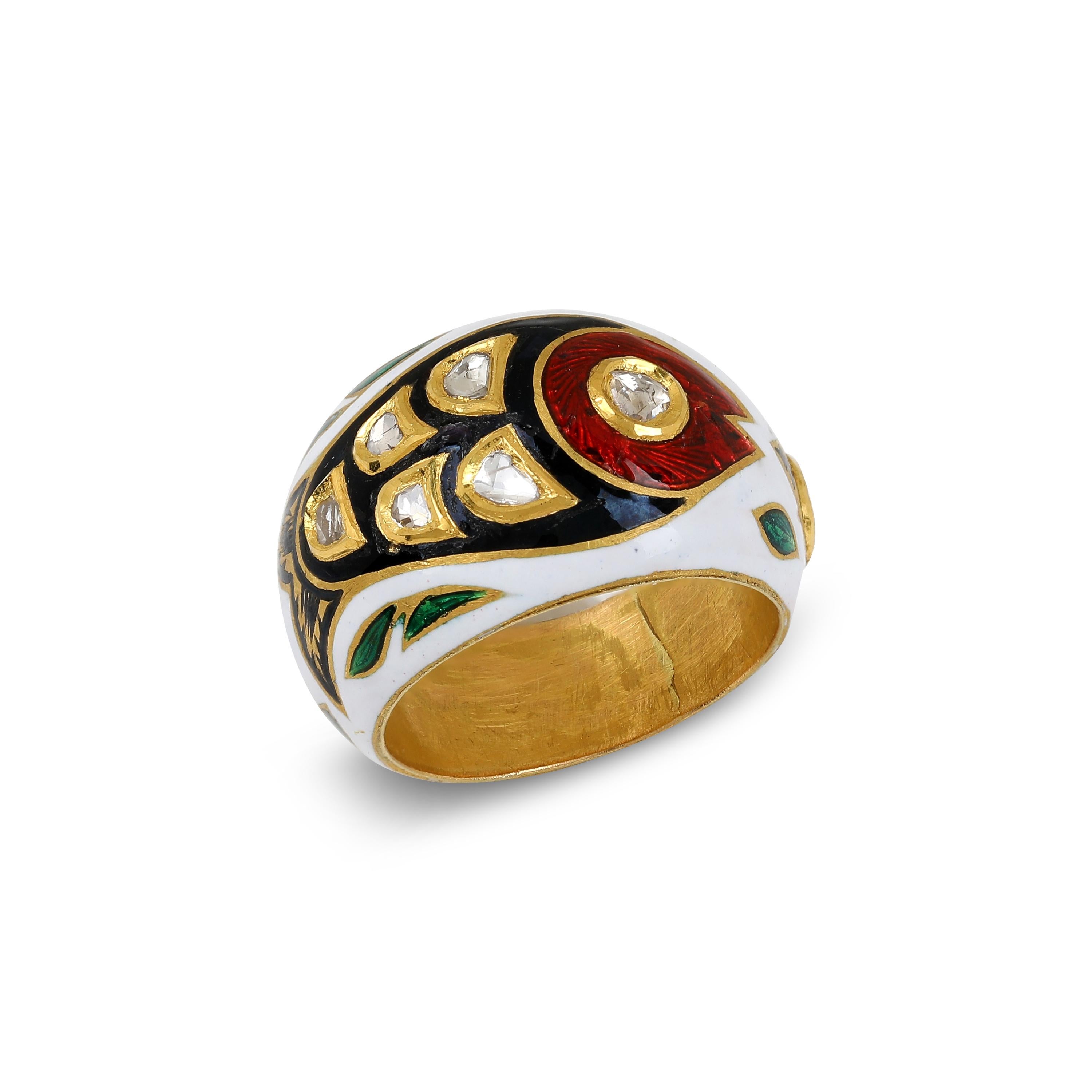 Women's 22 Karat Yellow Gold Fish Dome Ring with Uncut Diamonds and Enamel For Sale