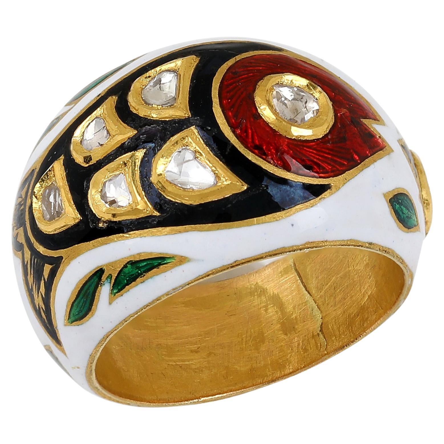 22 Karat Yellow Gold Fish Dome Ring with Uncut Diamonds and Enamel For Sale