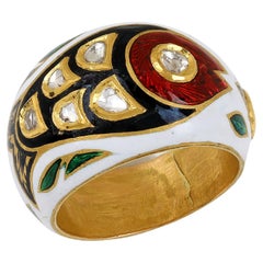 22 Karat Yellow Gold Fish Dome Ring with Uncut Diamonds and Enamel