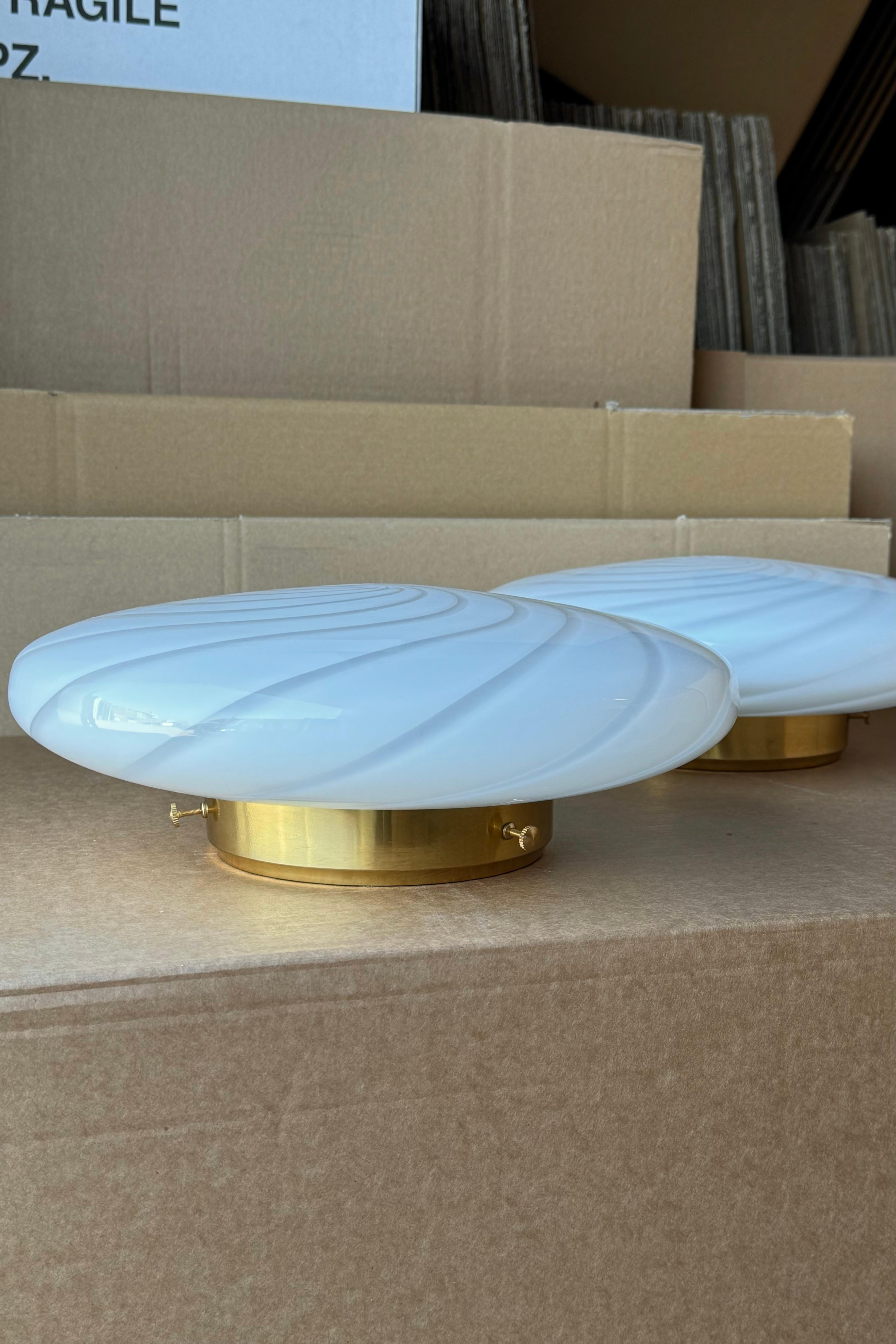 Danish Ø30 Murano Flush Mount Ceiling Lamp White Swirl Glass brass, mouth-blown Italy For Sale