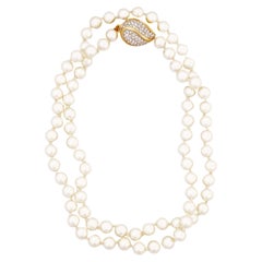 30" Pearl Necklace With Gilt and Pavé Crystal Clasp By Swarovski, 1980s
