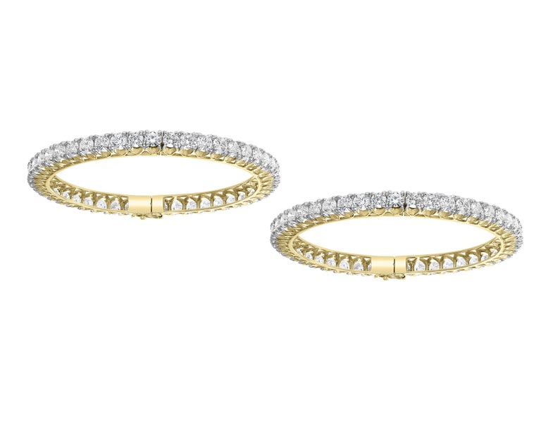 Women's 30 Pointer Each, 29 Ct Single Line Eternity 18 Kt Gold and Diamond Bangle, Pair For Sale