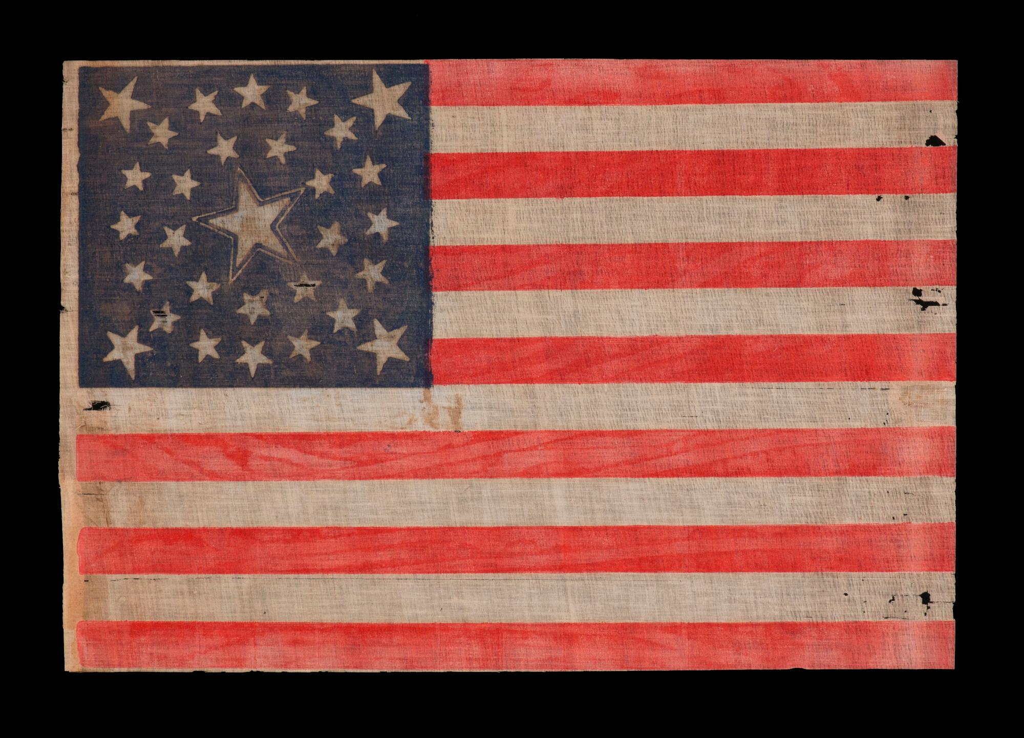 30 STAR FLAG OF THE PRE-CIVIL WAR ERA, A RARE AND BEAUTIFUL ANTIQUE EXAMPLE WITH A DOUBLE-WREATH CONFIGURATION THAT FEATURES A LARGE, HALOED CENTER STAR, WISCONSIN STATEHOOD, 1848-1850:

30 star American parade flag, block-printed on coarse cotton,