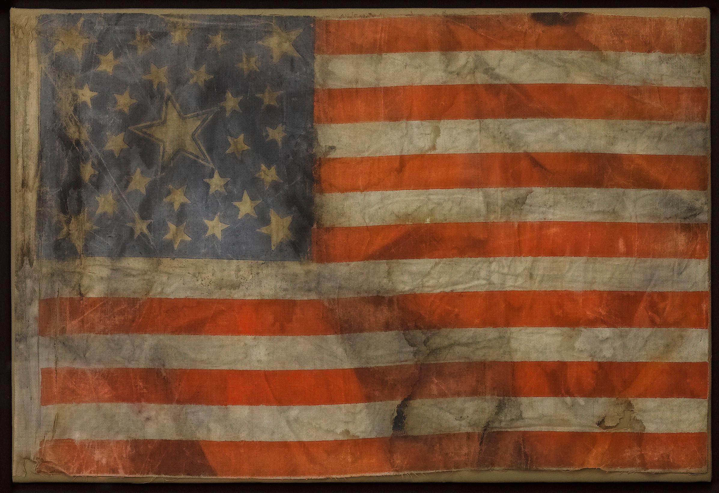 This is a rare 30-star medallion American flag, celebrating the addition of Wisconsin to the Union. The flag is printed on linen, and has a spectacularly unique star pattern. A double medallion of dancing stars surrounds a large haloed inner star.