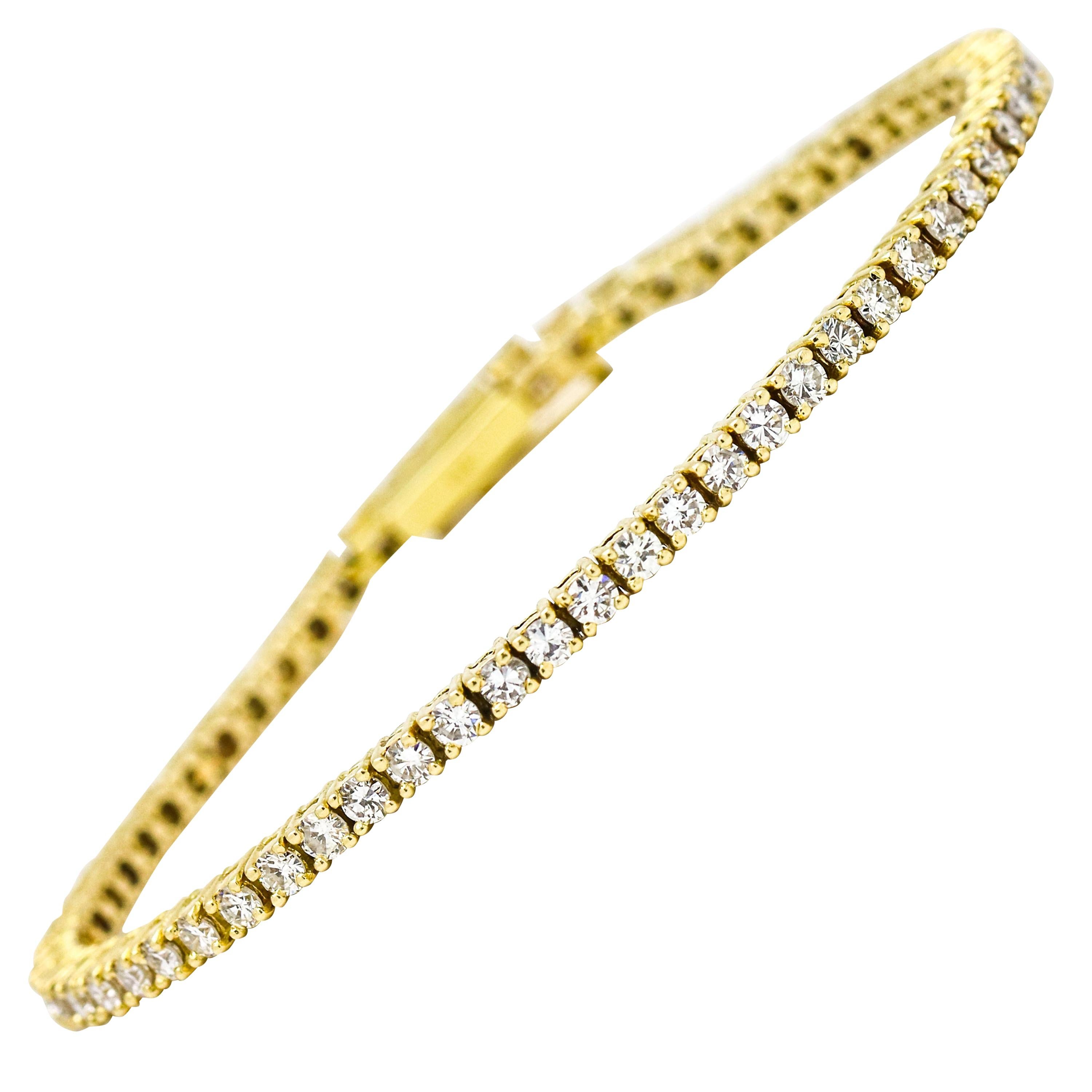 3.00 Carat 14 Karat Yellow Gold Diamond Tennis Bracelet For Sale